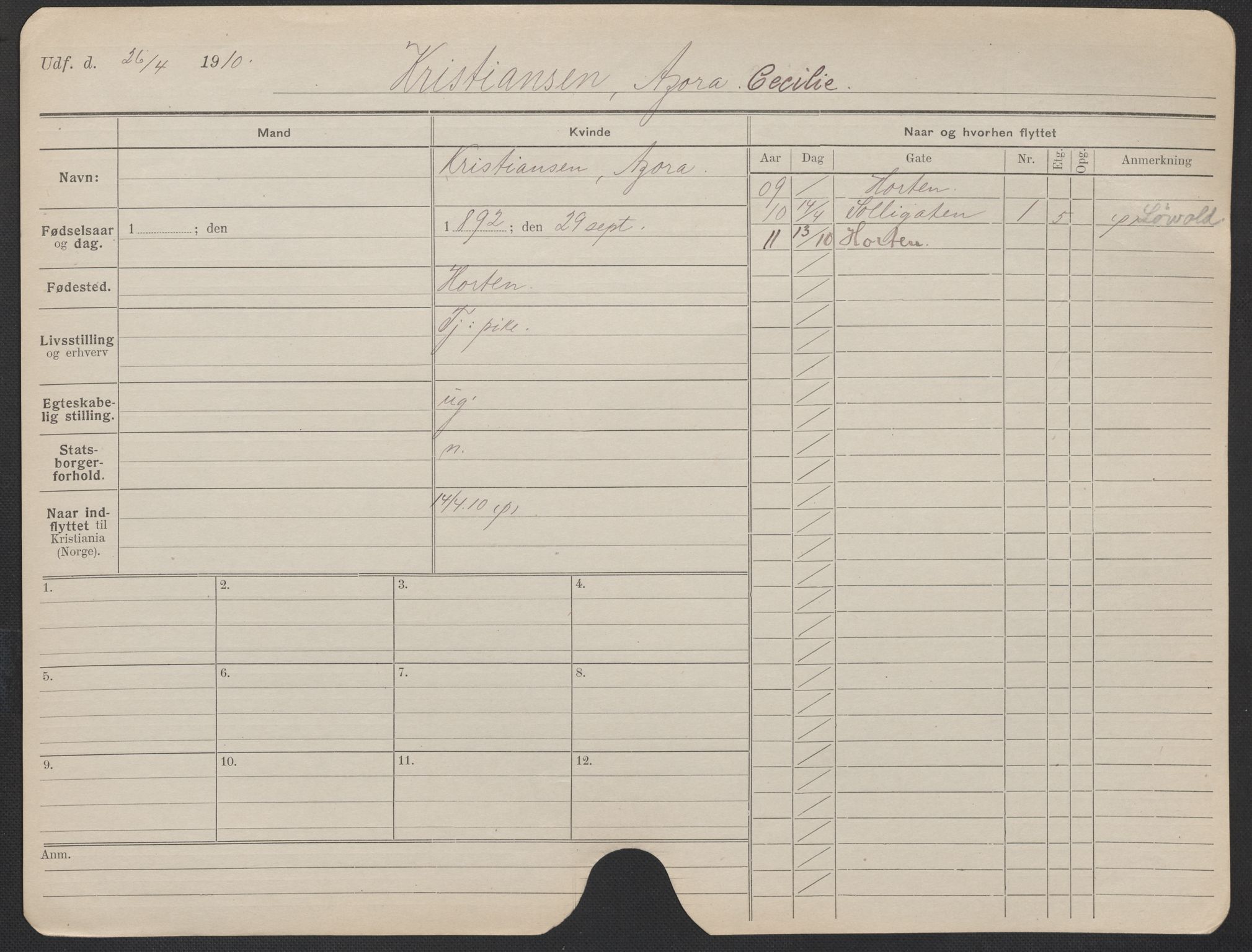 Oslo folkeregister, Registerkort, AV/SAO-A-11715/F/Fa/Fac/L0019: Kvinner, 1906-1914, p. 243a