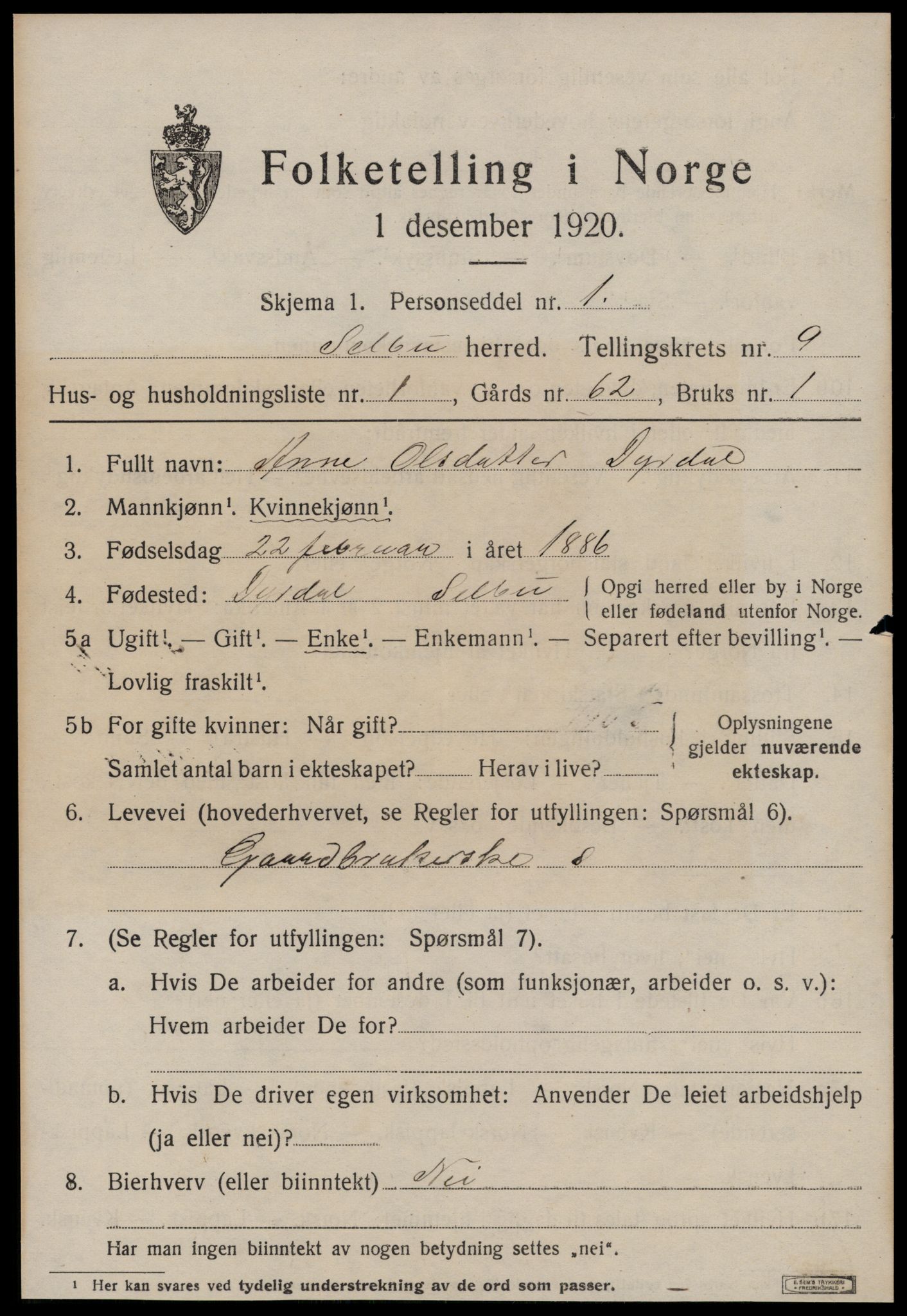 SAT, 1920 census for Selbu, 1920, p. 4962