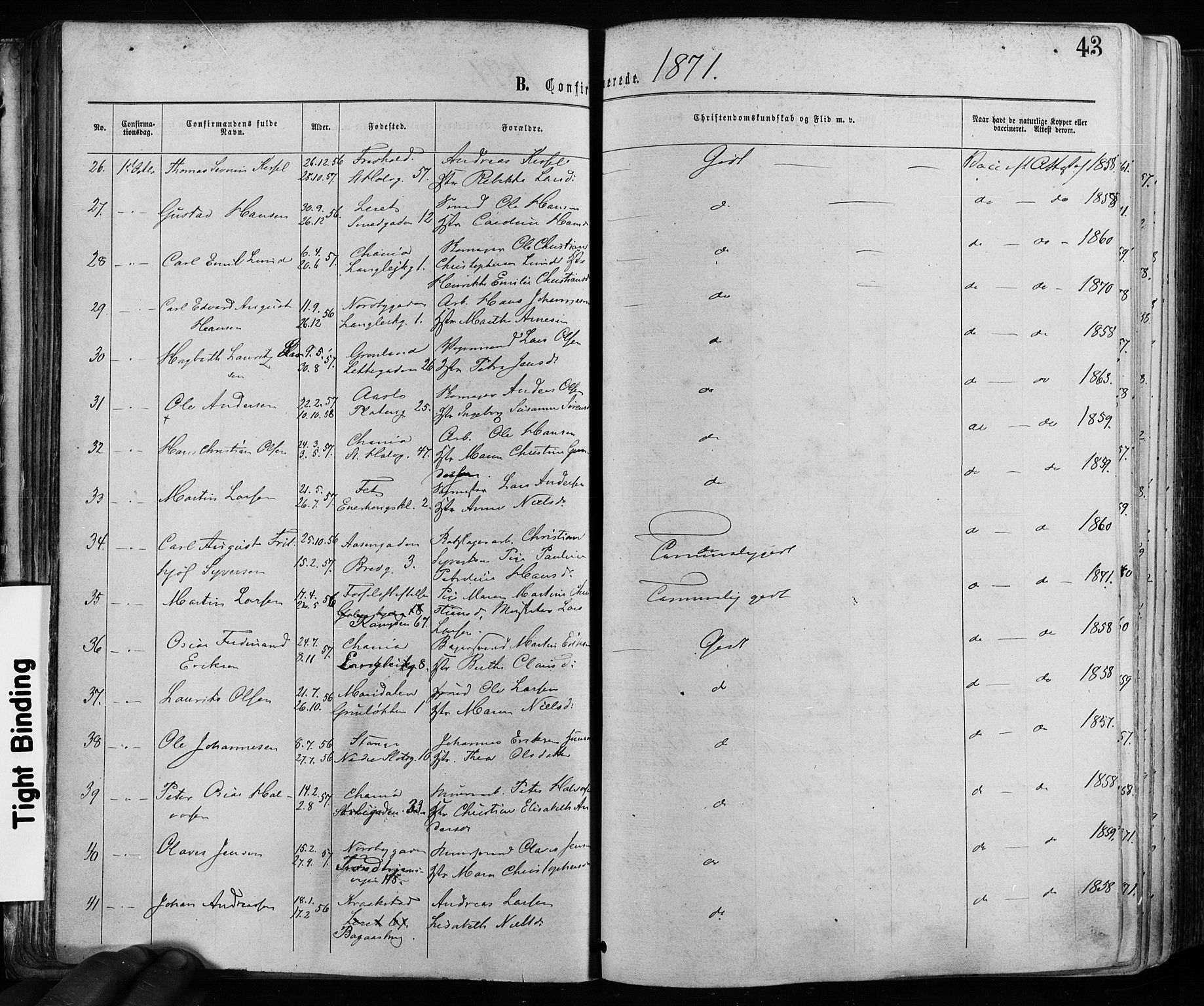 Grønland prestekontor Kirkebøker, AV/SAO-A-10848/F/Fa/L0005: Parish register (official) no. 5, 1869-1880, p. 43