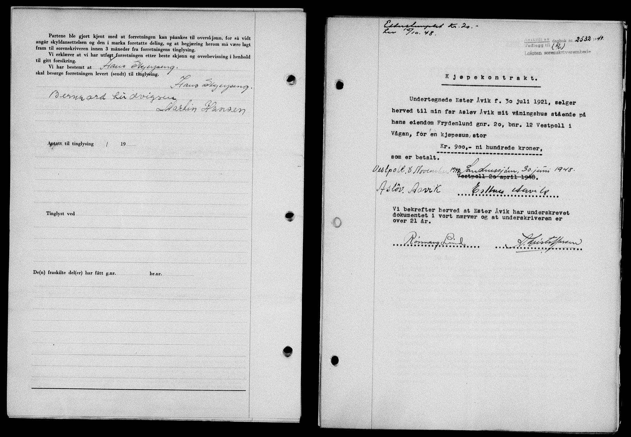Lofoten sorenskriveri, SAT/A-0017/1/2/2C/L0019a: Mortgage book no. 19a, 1948-1948, Diary no: : 2532/1948
