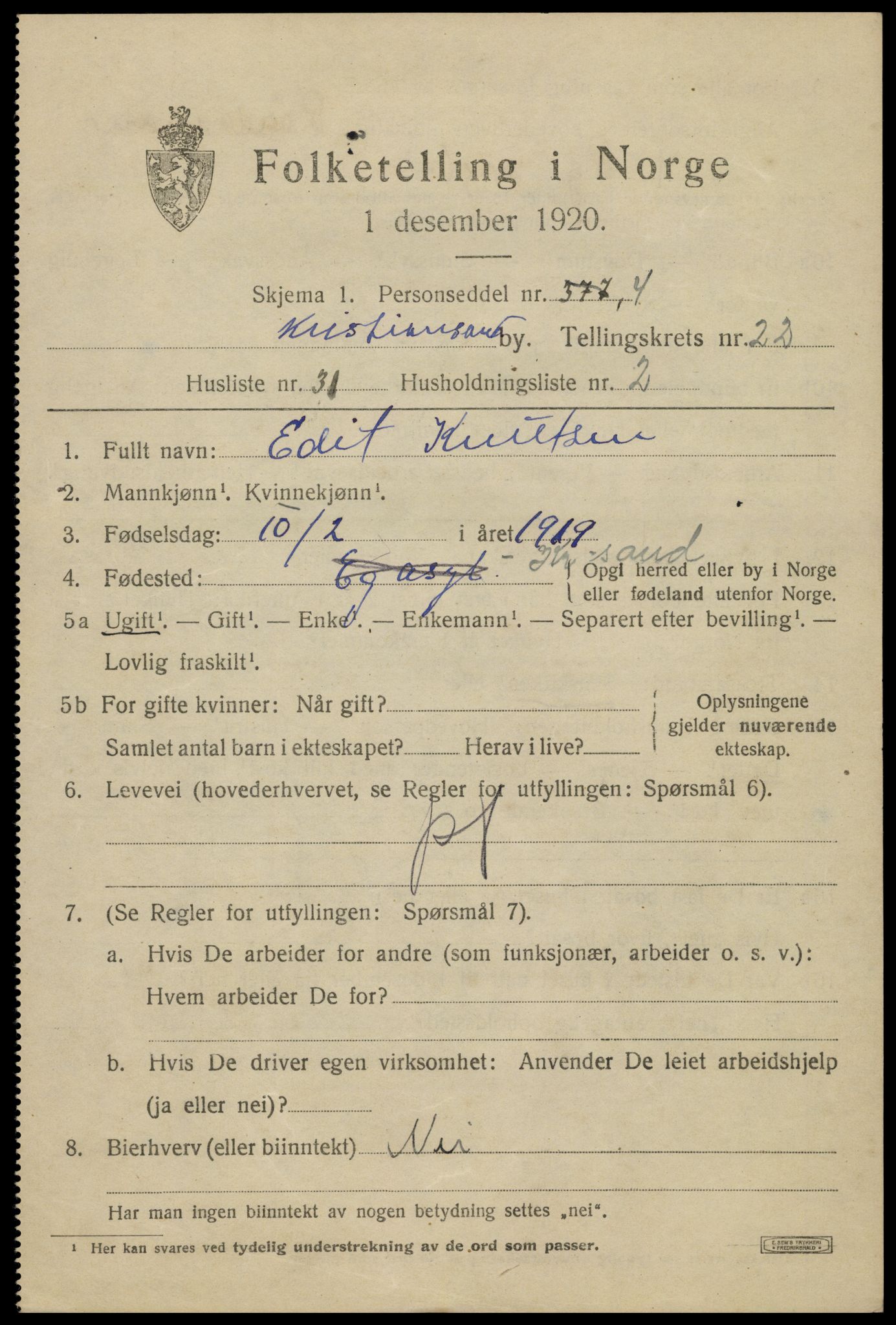 SAK, 1920 census for Kristiansand, 1920, p. 40133