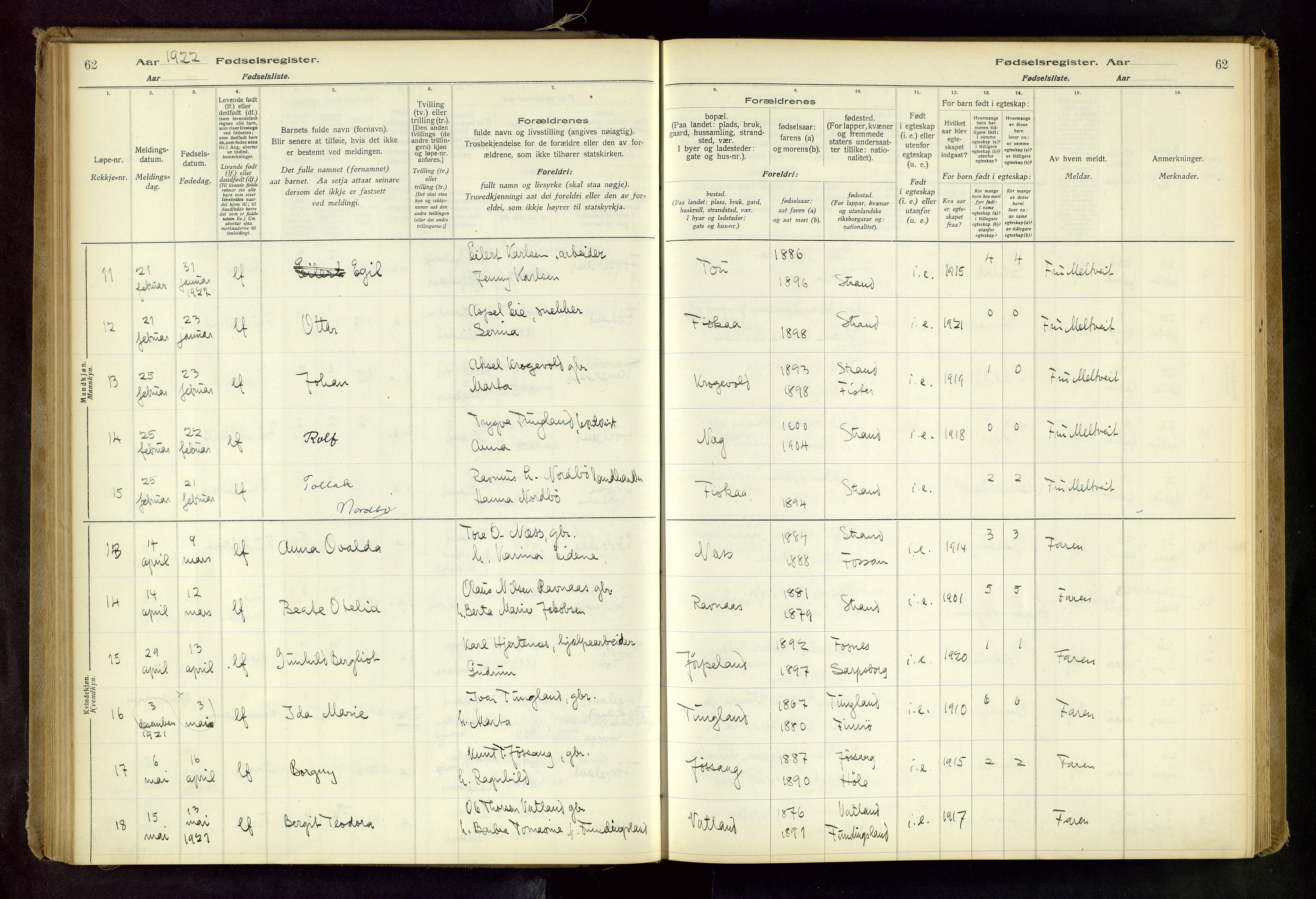 Strand sokneprestkontor, AV/SAST-A-101828/I/Id/L0001: Birth register no. 1, 1916-1938, p. 62