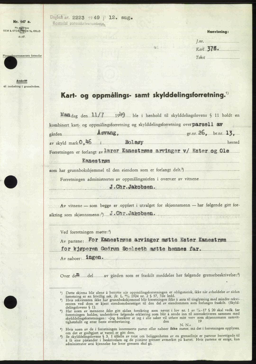 Romsdal sorenskriveri, AV/SAT-A-4149/1/2/2C: Mortgage book no. A30, 1949-1949, Diary no: : 2223/1949