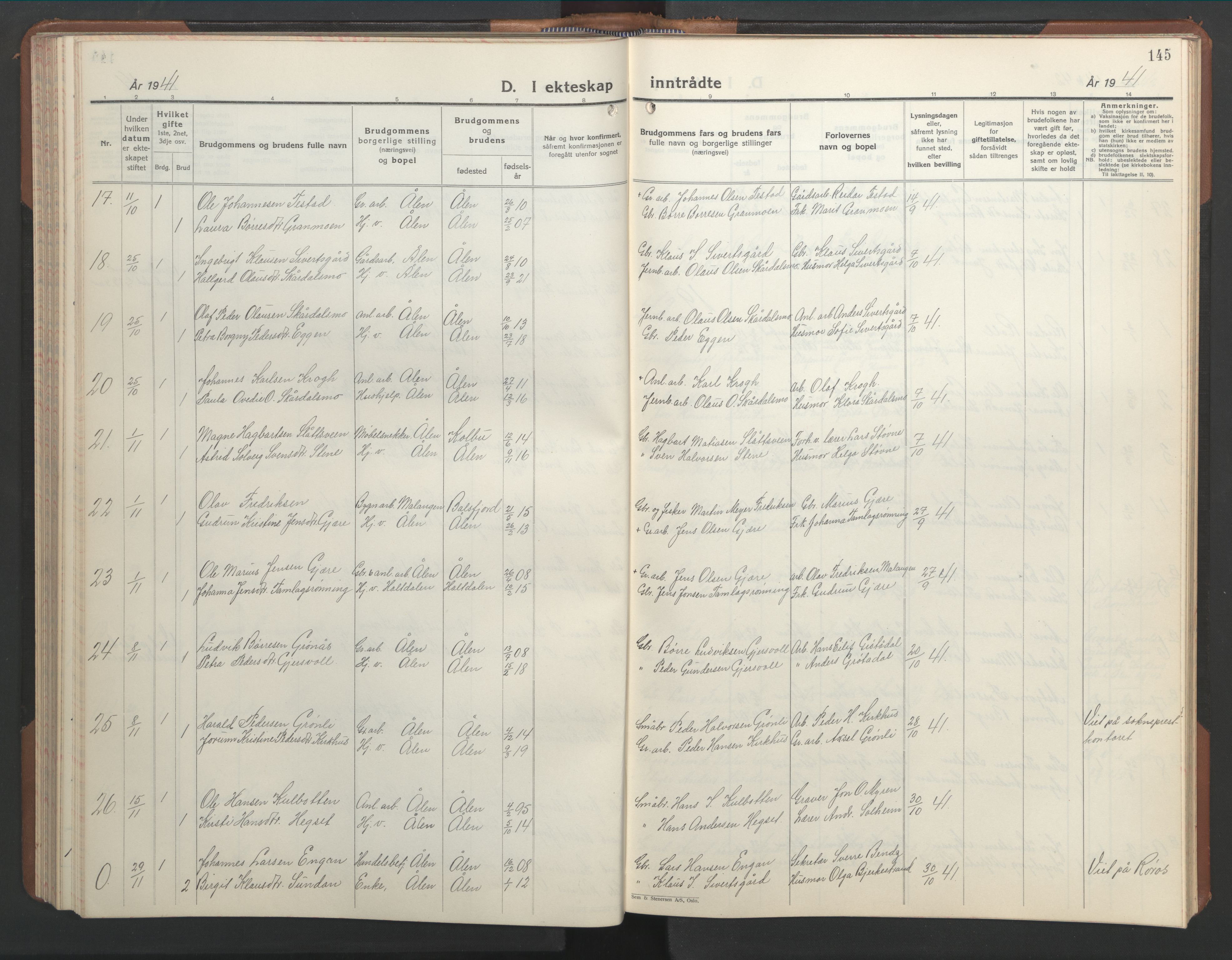 Ministerialprotokoller, klokkerbøker og fødselsregistre - Sør-Trøndelag, SAT/A-1456/686/L0986: Parish register (copy) no. 686C02, 1933-1950, p. 145