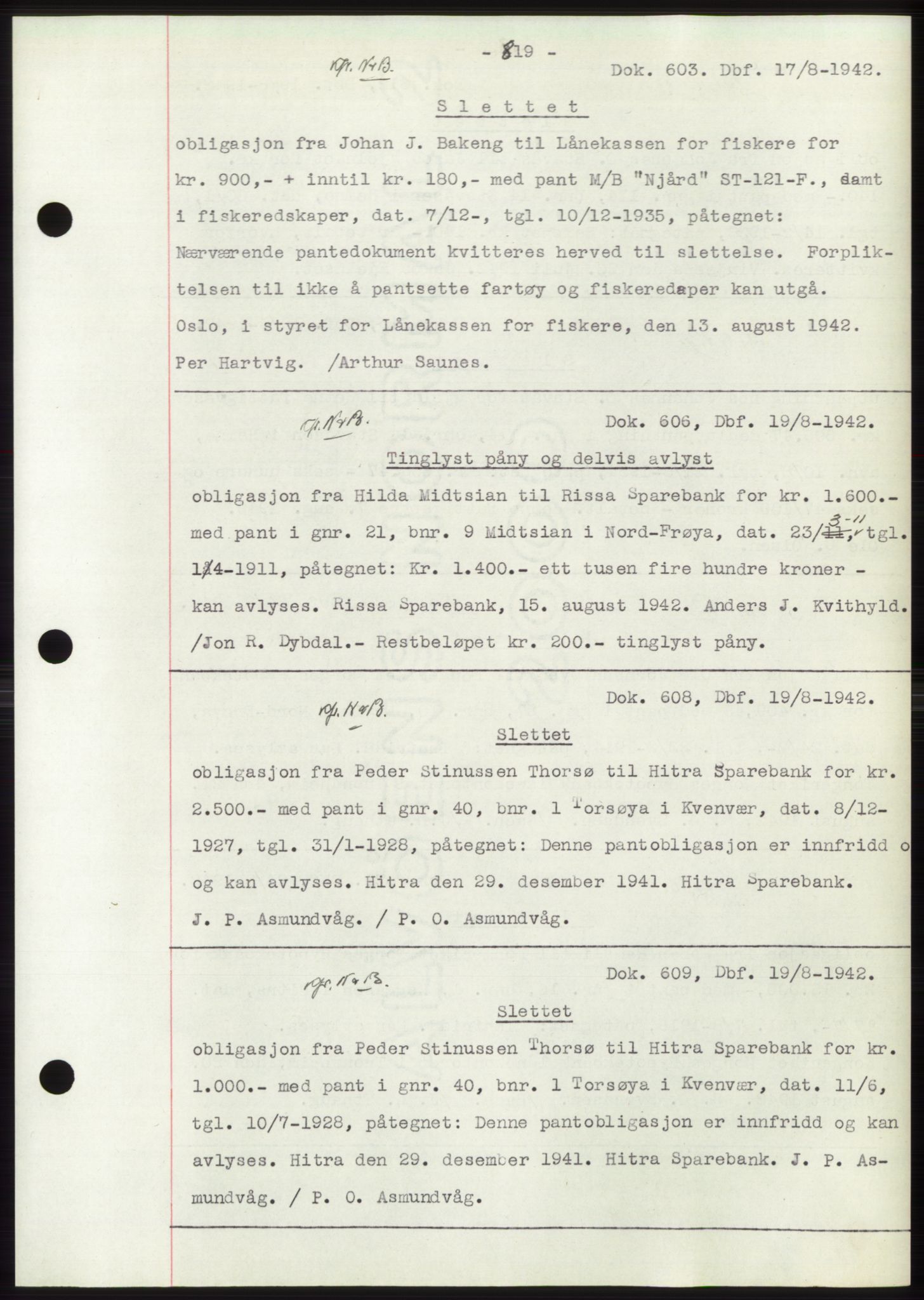 Hitra sorenskriveri, AV/SAT-A-0018/2/2C/2Ca: Mortgage book no. C1, 1936-1945, Diary no: : 603/1942