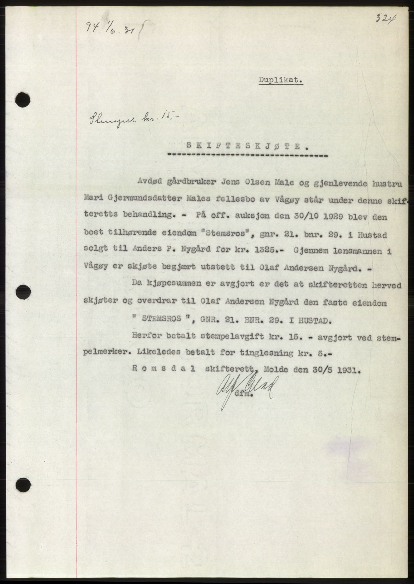 Romsdal sorenskriveri, AV/SAT-A-4149/1/2/2C/L0059: Mortgage book no. 53, 1931-1931, Deed date: 01.06.1931