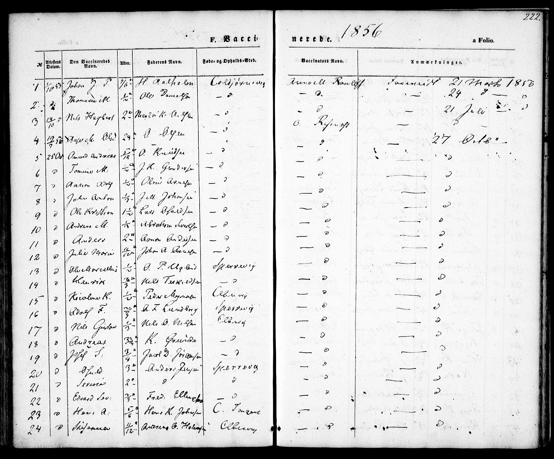 Hisøy sokneprestkontor, SAK/1111-0020/F/Fa/L0001: Parish register (official) no. A 1, 1849-1871, p. 222