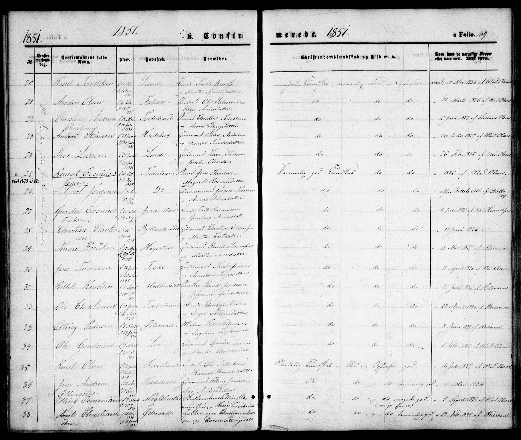 Holt sokneprestkontor, AV/SAK-1111-0021/F/Fa/L0008: Parish register (official) no. A 8, 1849-1860, p. 169