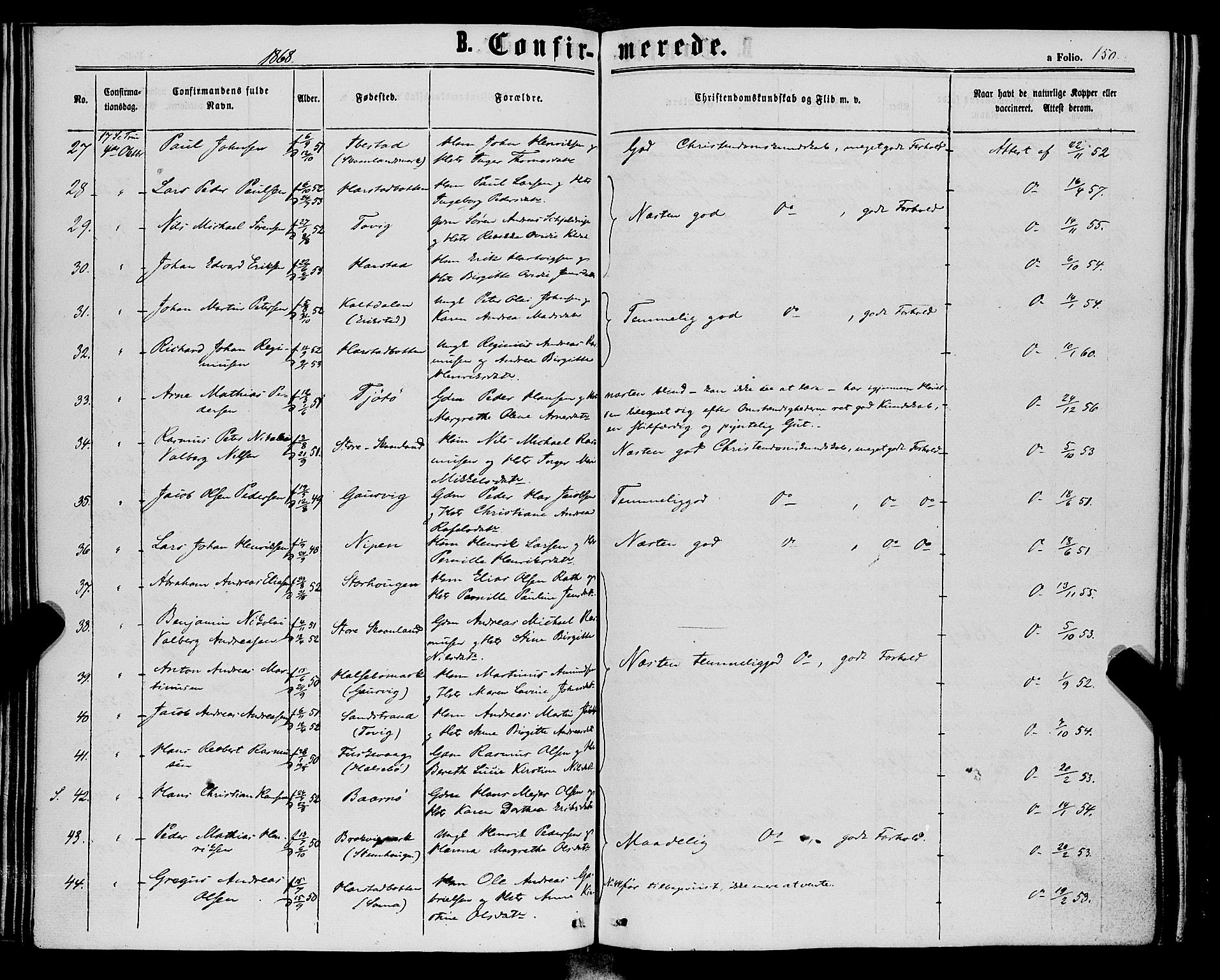 Trondenes sokneprestkontor, AV/SATØ-S-1319/H/Ha/L0012kirke: Parish register (official) no. 12, 1863-1870, p. 150