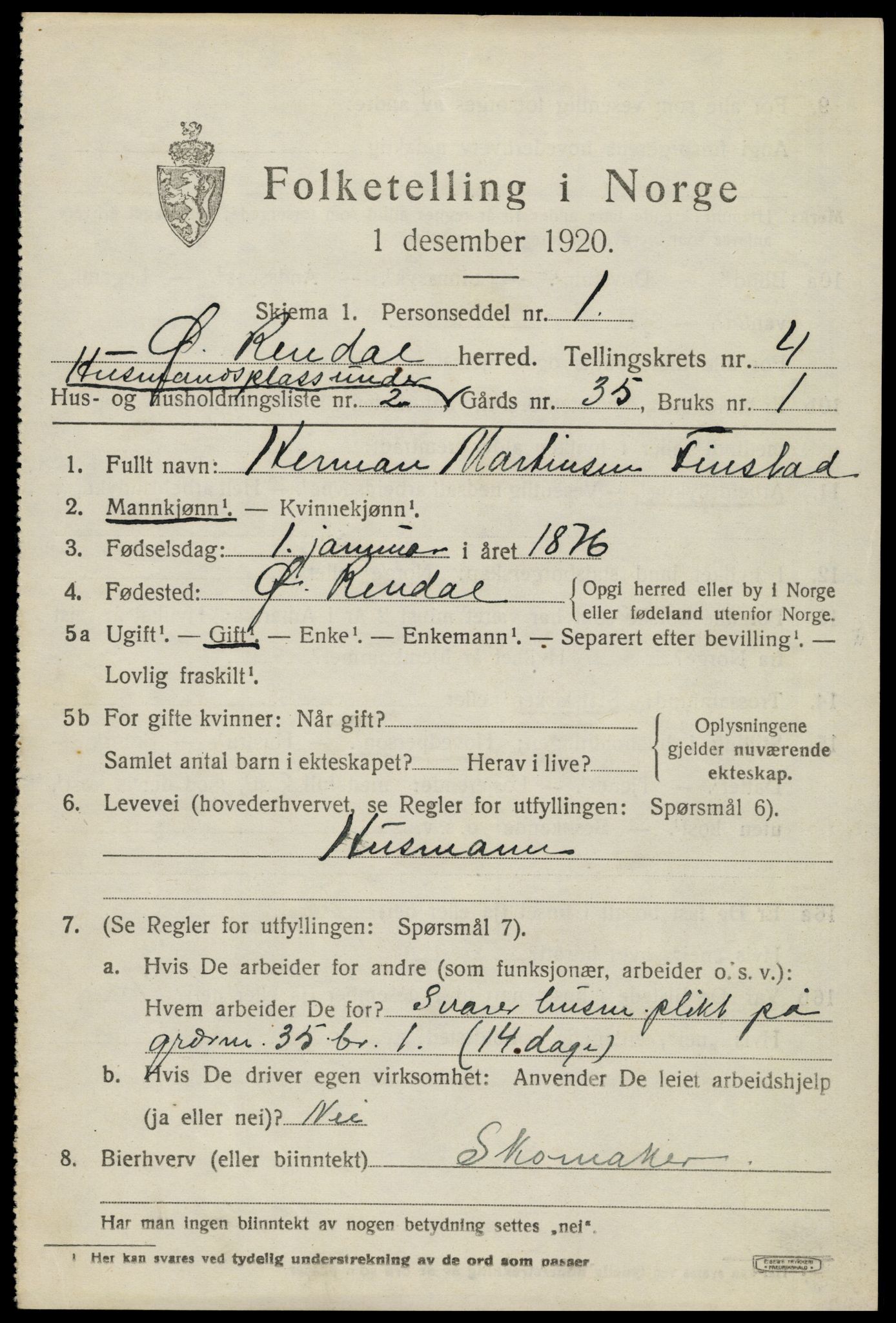 SAH, 1920 census for Øvre Rendal, 1920, p. 1589