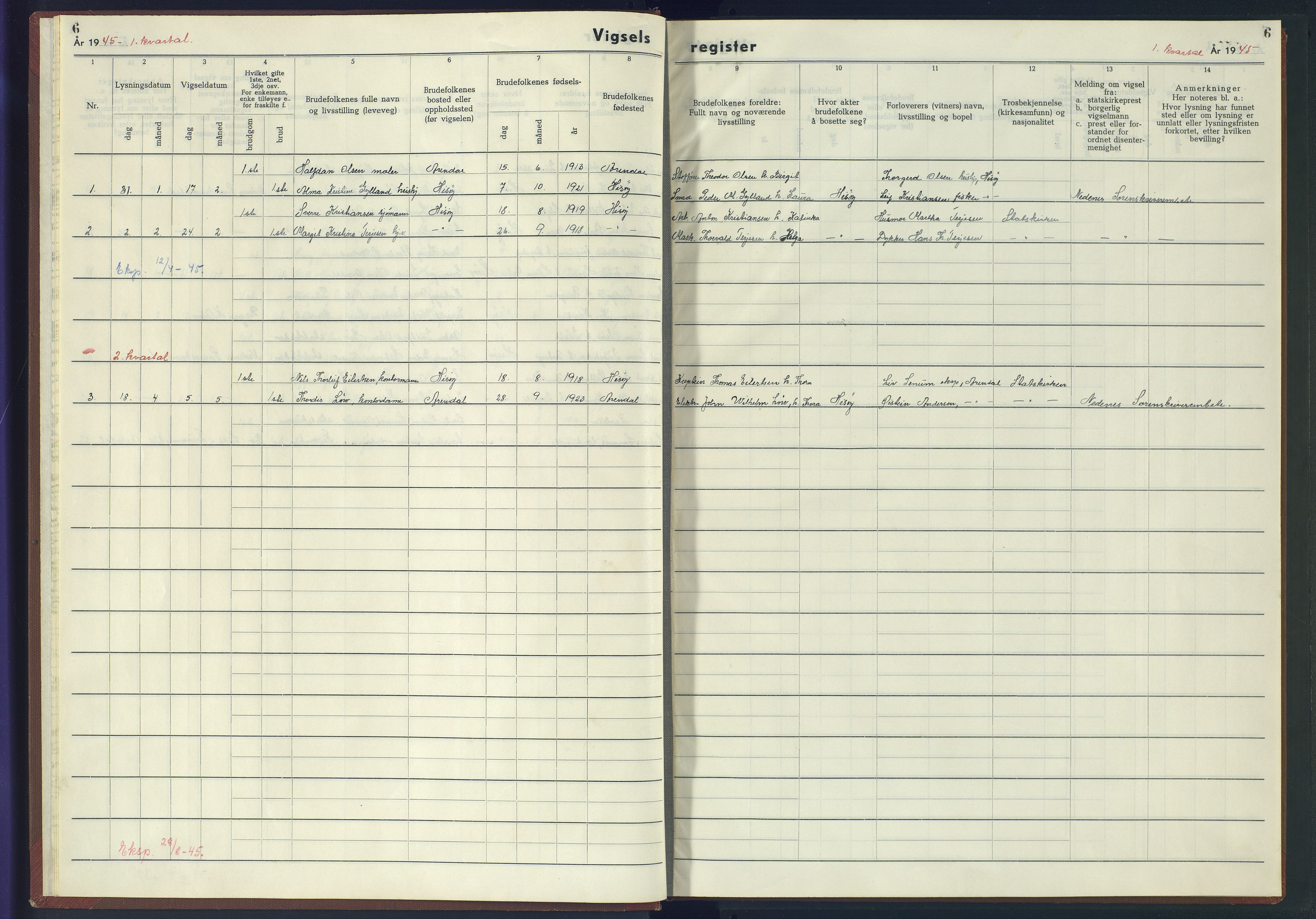 Hisøy sokneprestkontor, AV/SAK-1111-0020/J/Jb/L0002: Marriage register no. A-VI-5, 1943-1945, p. 6