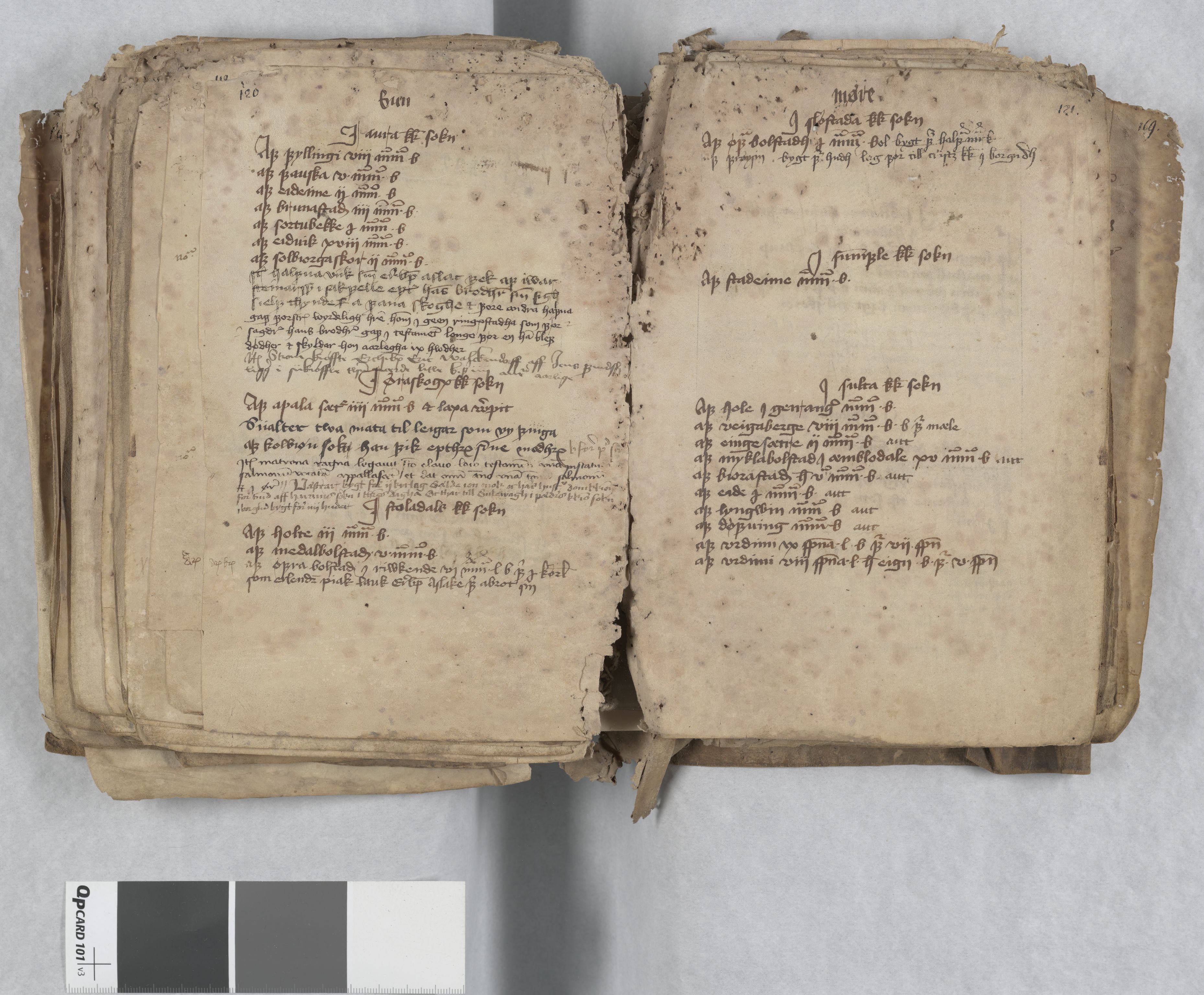 Riksarkivets diplomsamling, AV/RA-EA-5965/F13/F13c/L0001a/0001: NRA dipl. München papir, nr. 4292 Aslak Bolts jordebok. / 4292: Aslak Bolts jordebok, 1430-1439, p. 120-121