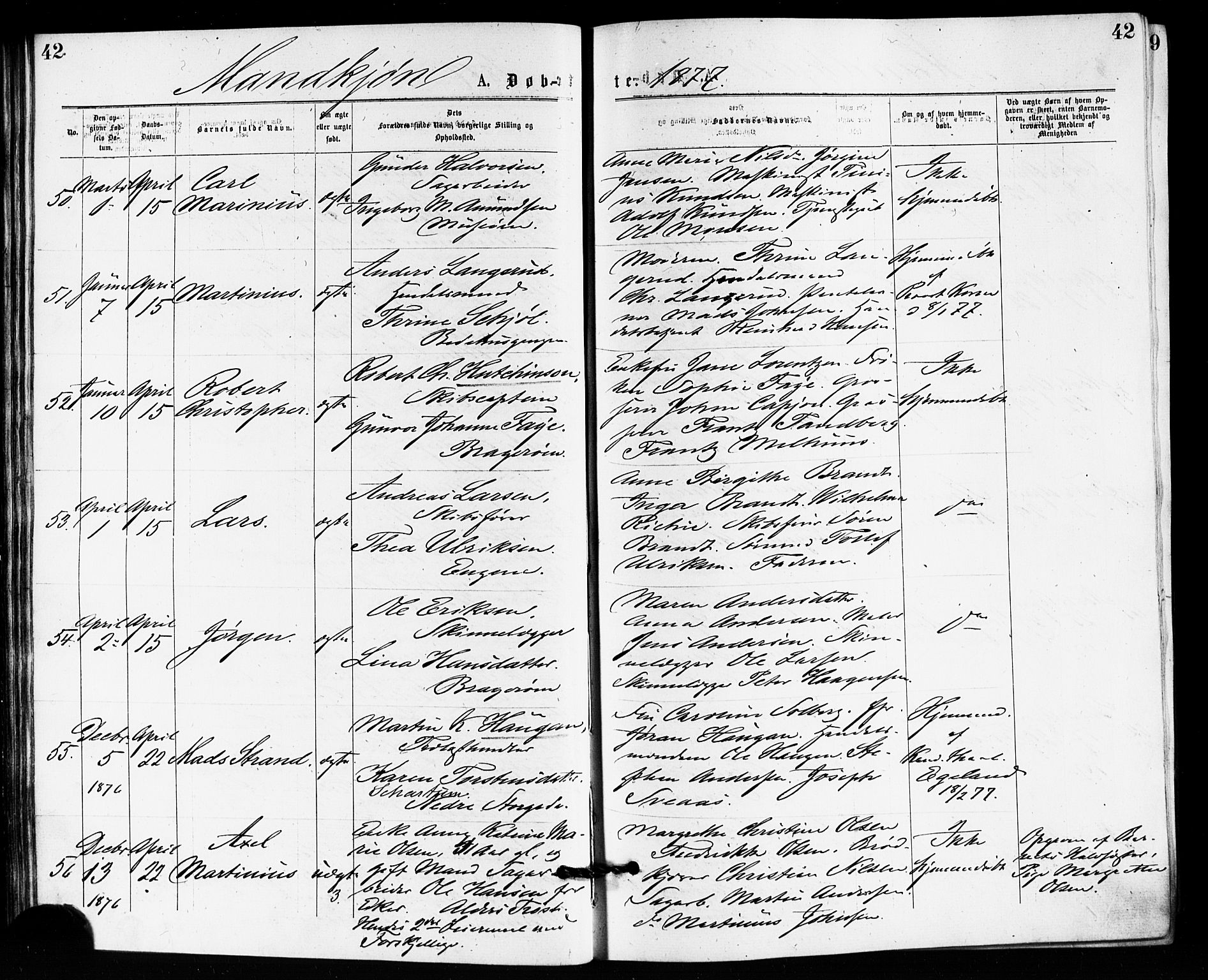Bragernes kirkebøker, SAKO/A-6/F/Fb/L0005: Parish register (official) no. II 5, 1875-1877, p. 42