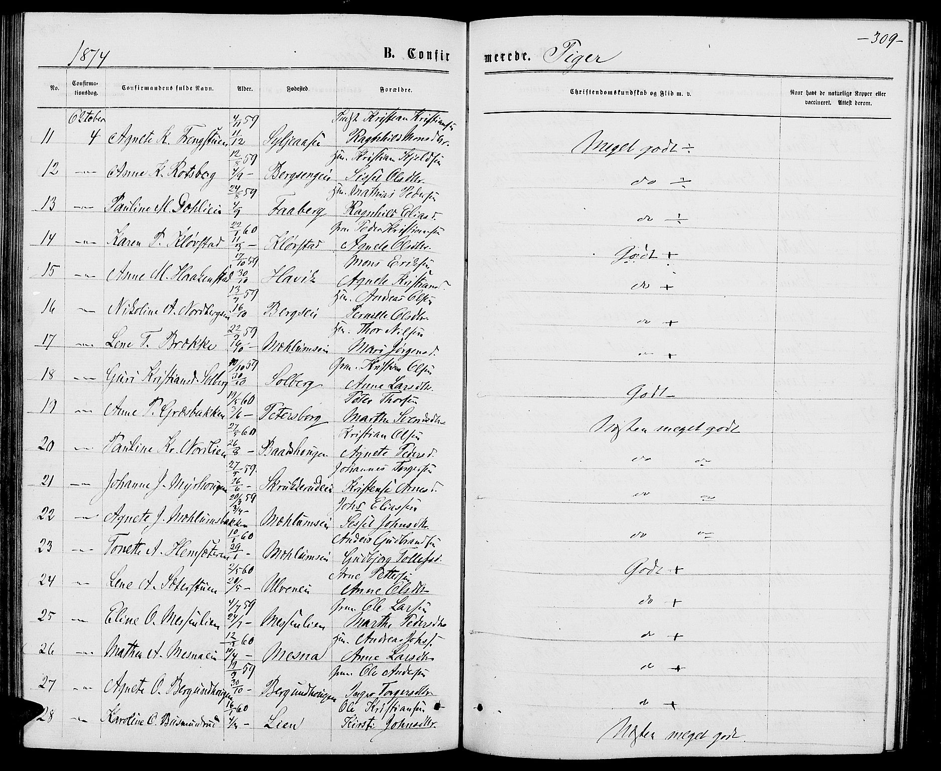 Ringsaker prestekontor, AV/SAH-PREST-014/L/La/L0008: Parish register (copy) no. 8, 1870-1878, p. 309