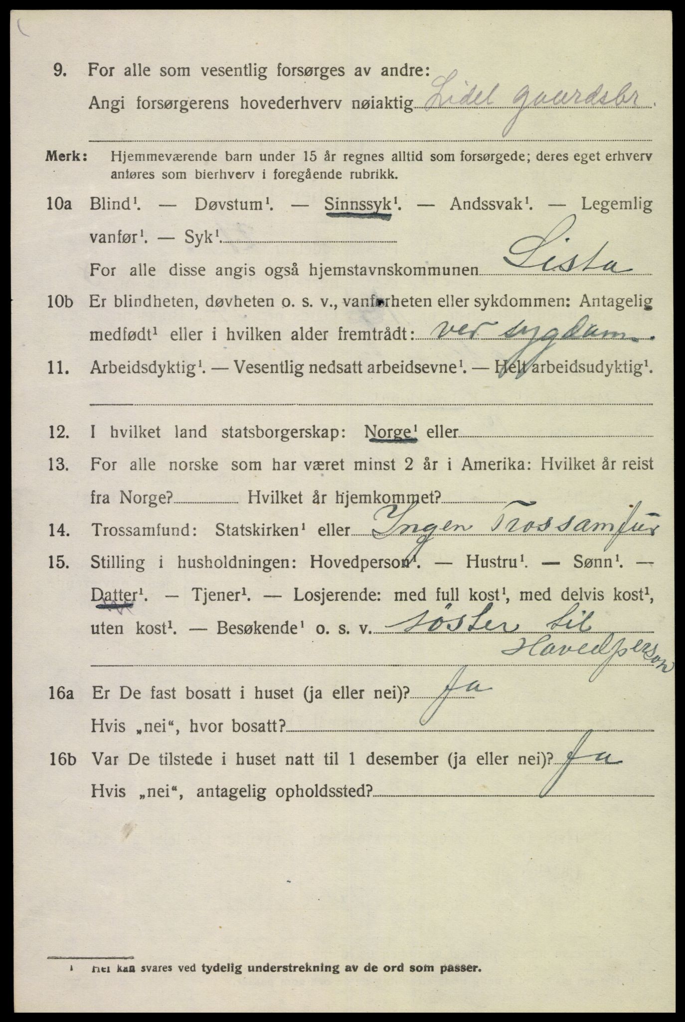 SAK, 1920 census for Lista, 1920, p. 8986