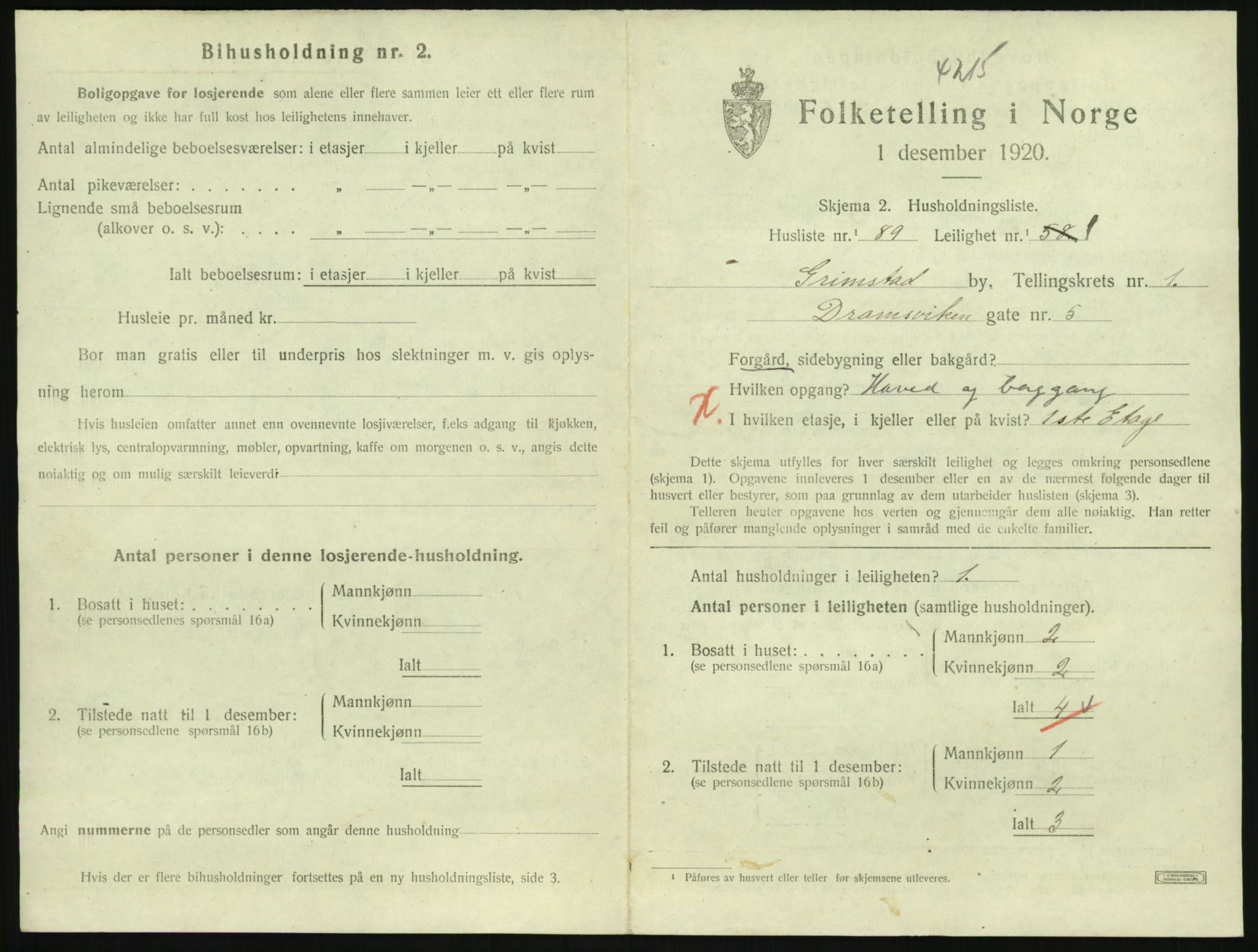 SAK, 1920 census for Grimstad, 1920, p. 1255