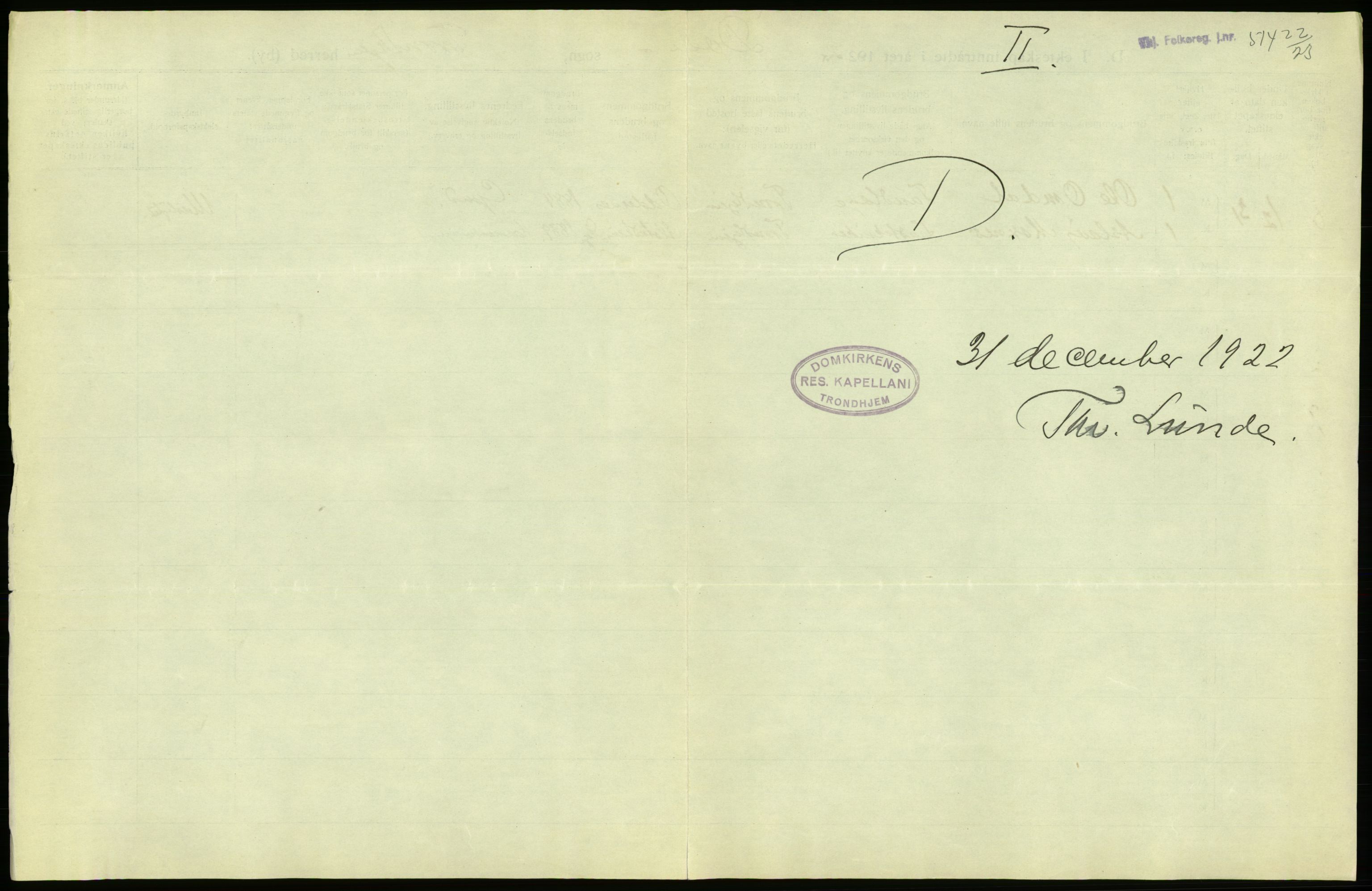 Statistisk sentralbyrå, Sosiodemografiske emner, Befolkning, AV/RA-S-2228/D/Df/Dfc/Dfcb/L0040: Trondheim: Gifte, døde, dødfødte., 1922, p. 77