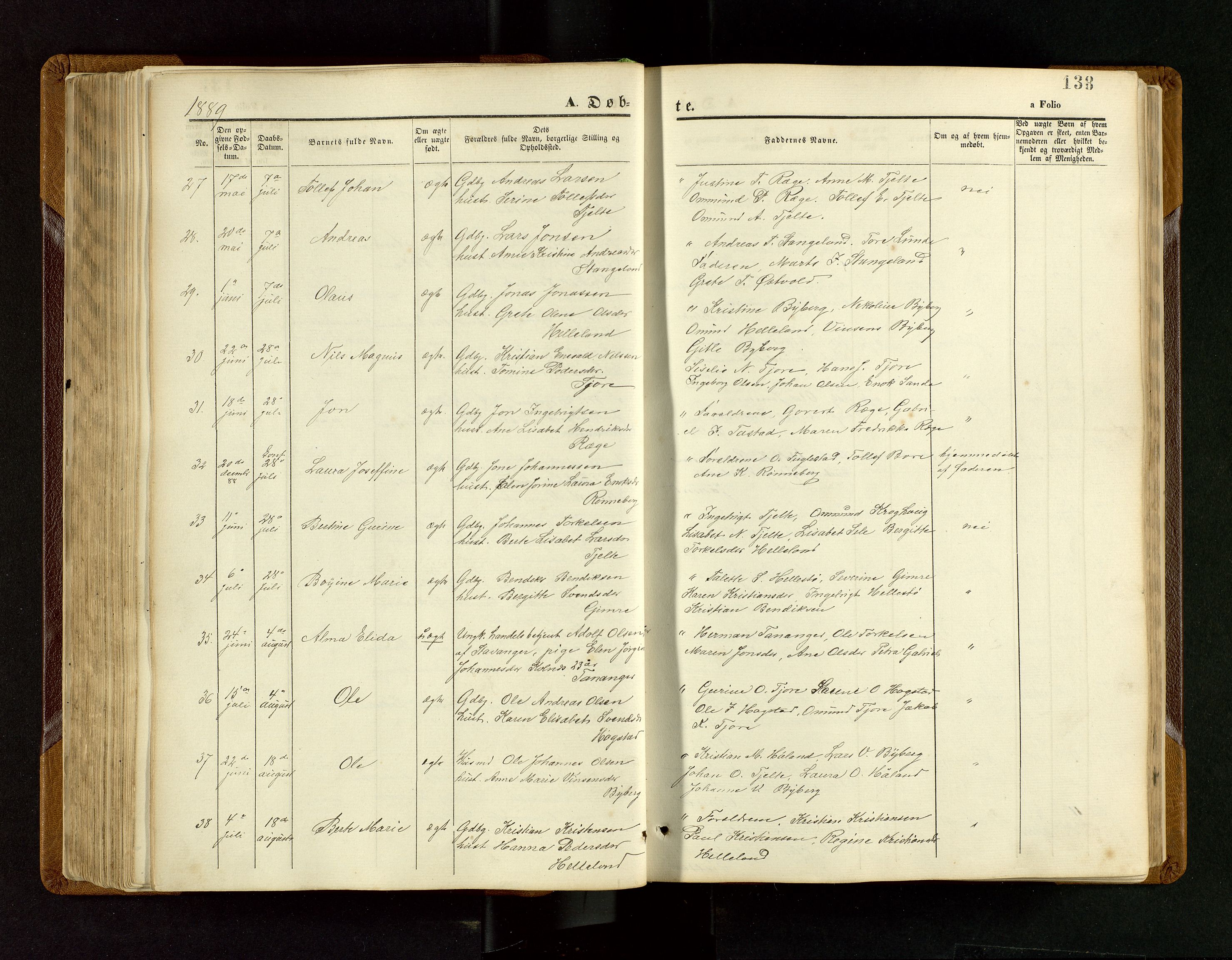 Håland sokneprestkontor, SAST/A-101802/001/30BB/L0003: Parish register (copy) no. B 3, 1873-1893, p. 138