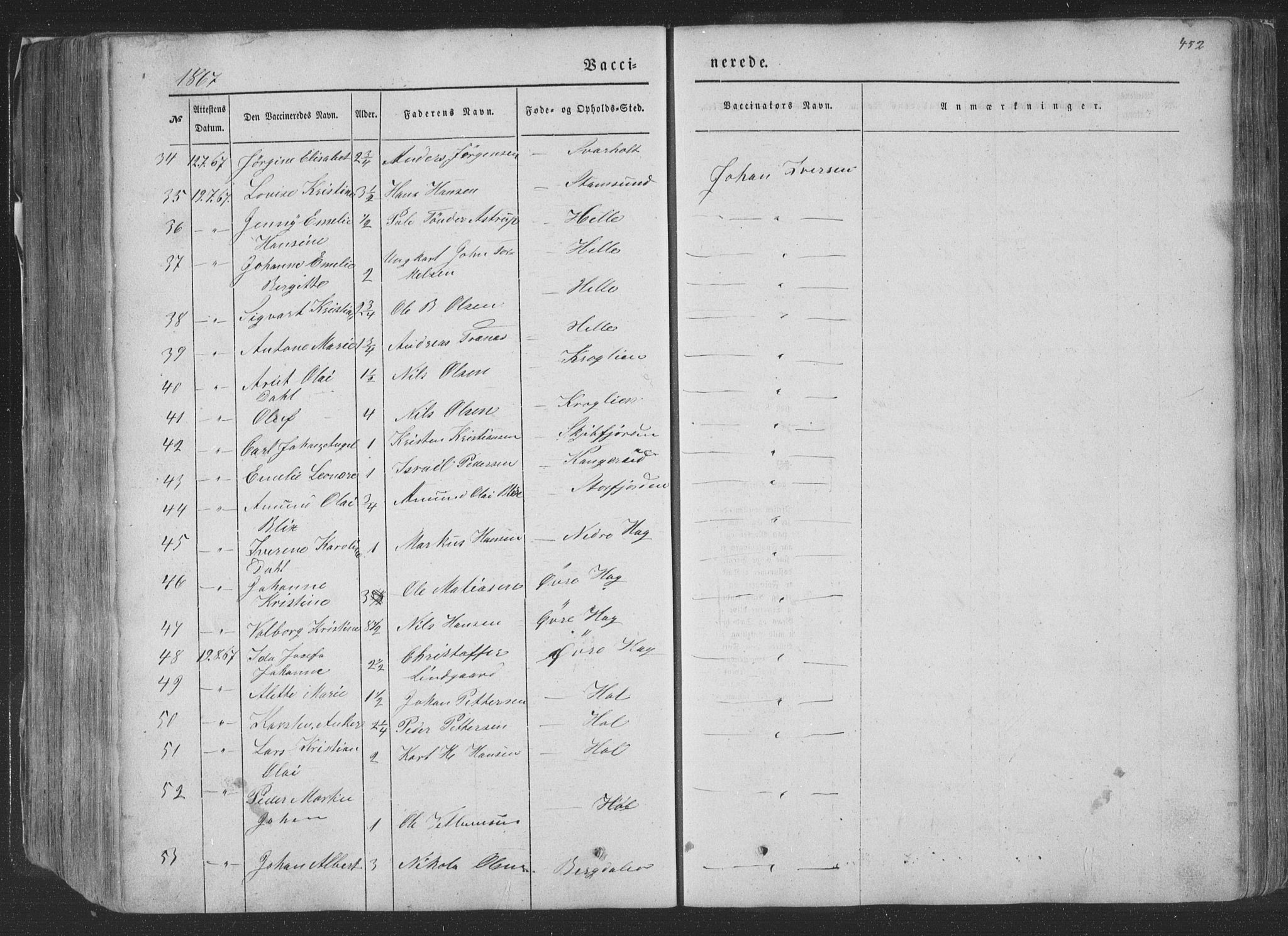 Ministerialprotokoller, klokkerbøker og fødselsregistre - Nordland, AV/SAT-A-1459/881/L1165: Parish register (copy) no. 881C02, 1854-1876, p. 452