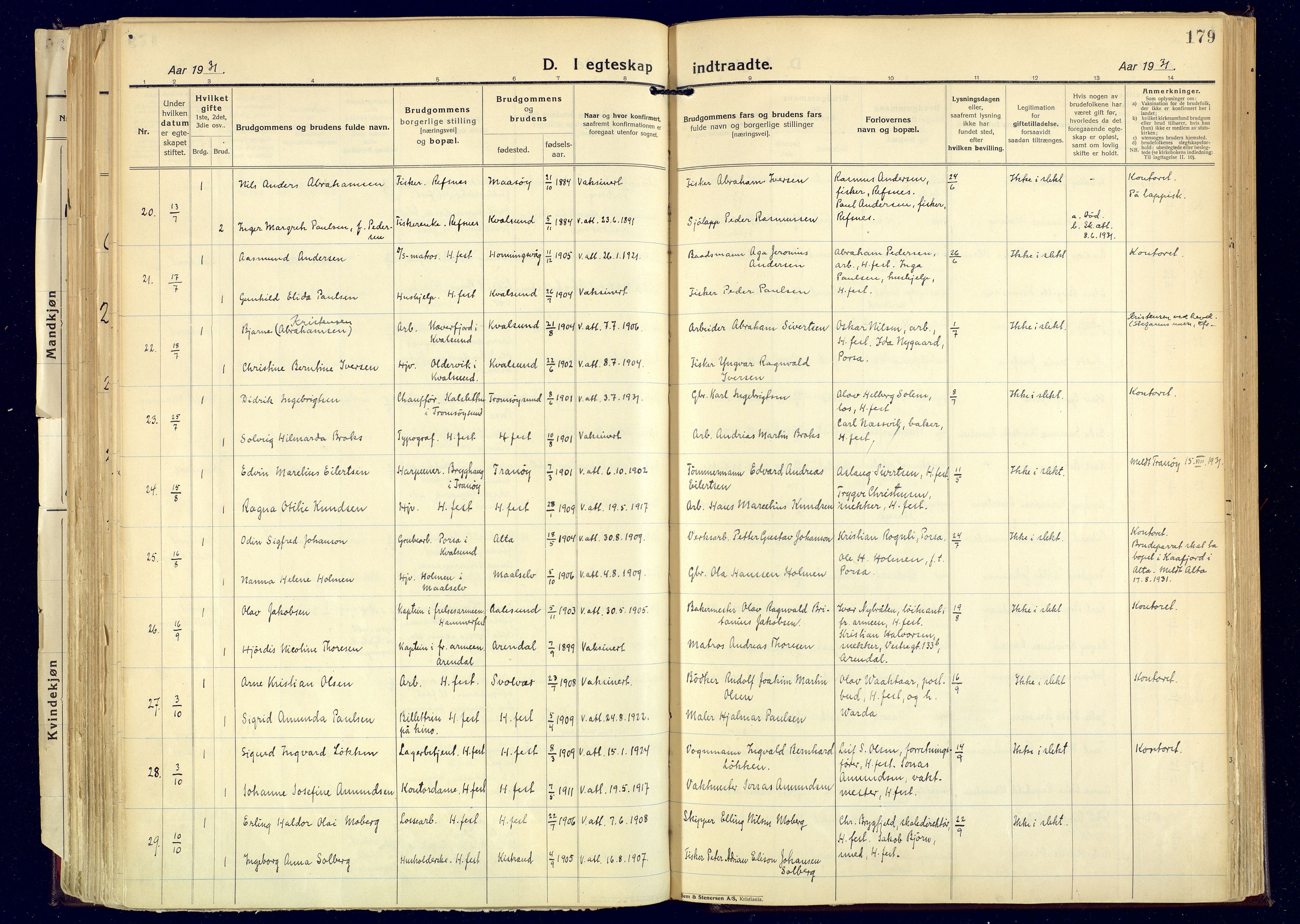 Hammerfest sokneprestkontor, AV/SATØ-S-1347/H/Ha/L0017.kirke: Parish register (official) no. 17, 1923-1933, p. 179