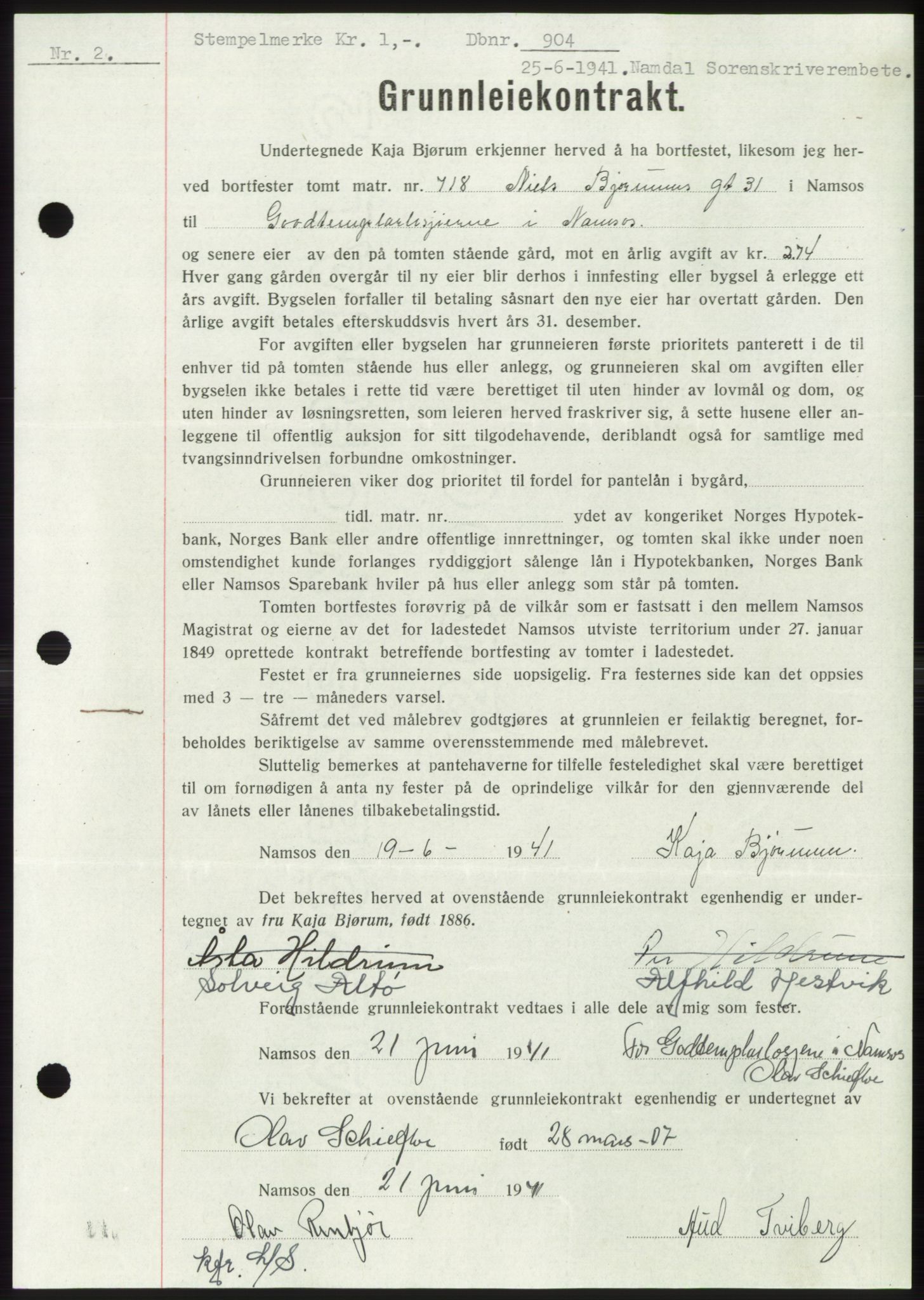 Namdal sorenskriveri, AV/SAT-A-4133/1/2/2C: Mortgage book no. -, 1940-1941, Deed date: 25.06.1941