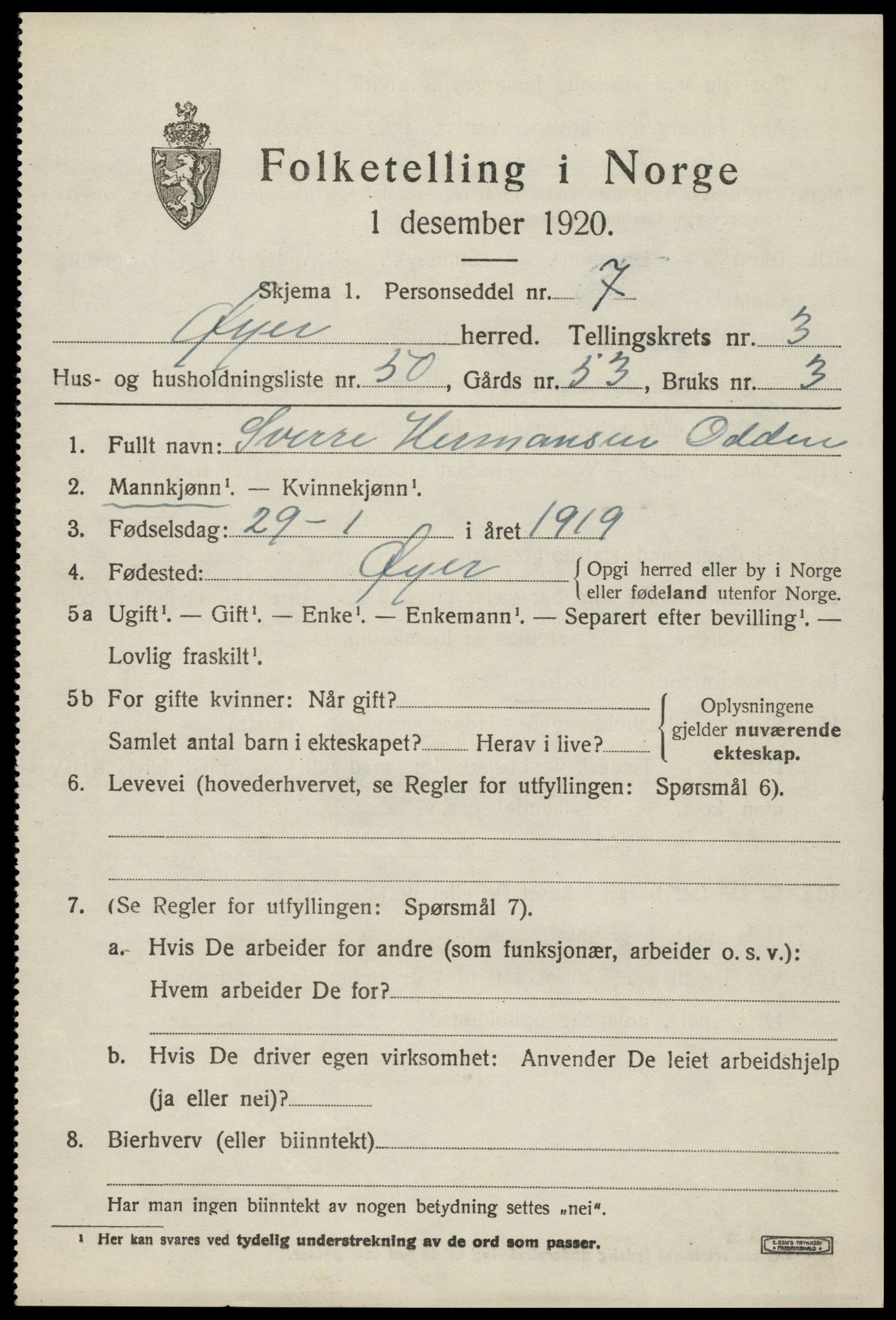 SAH, 1920 census for Øyer, 1920, p. 3949