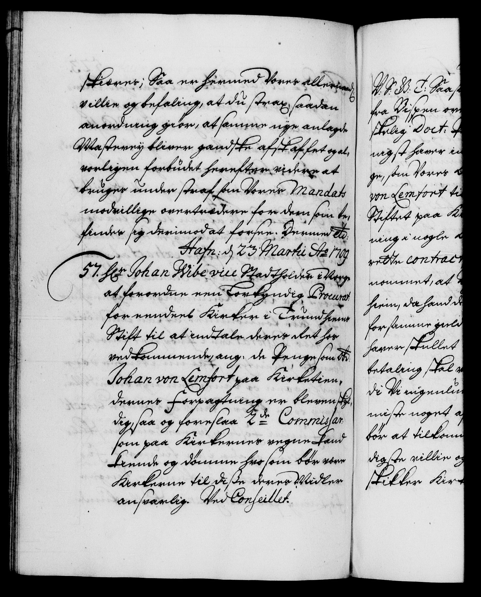 Danske Kanselli 1572-1799, AV/RA-EA-3023/F/Fc/Fca/Fcab/L0018: Norske tegnelser, 1707-1709, p. 523b