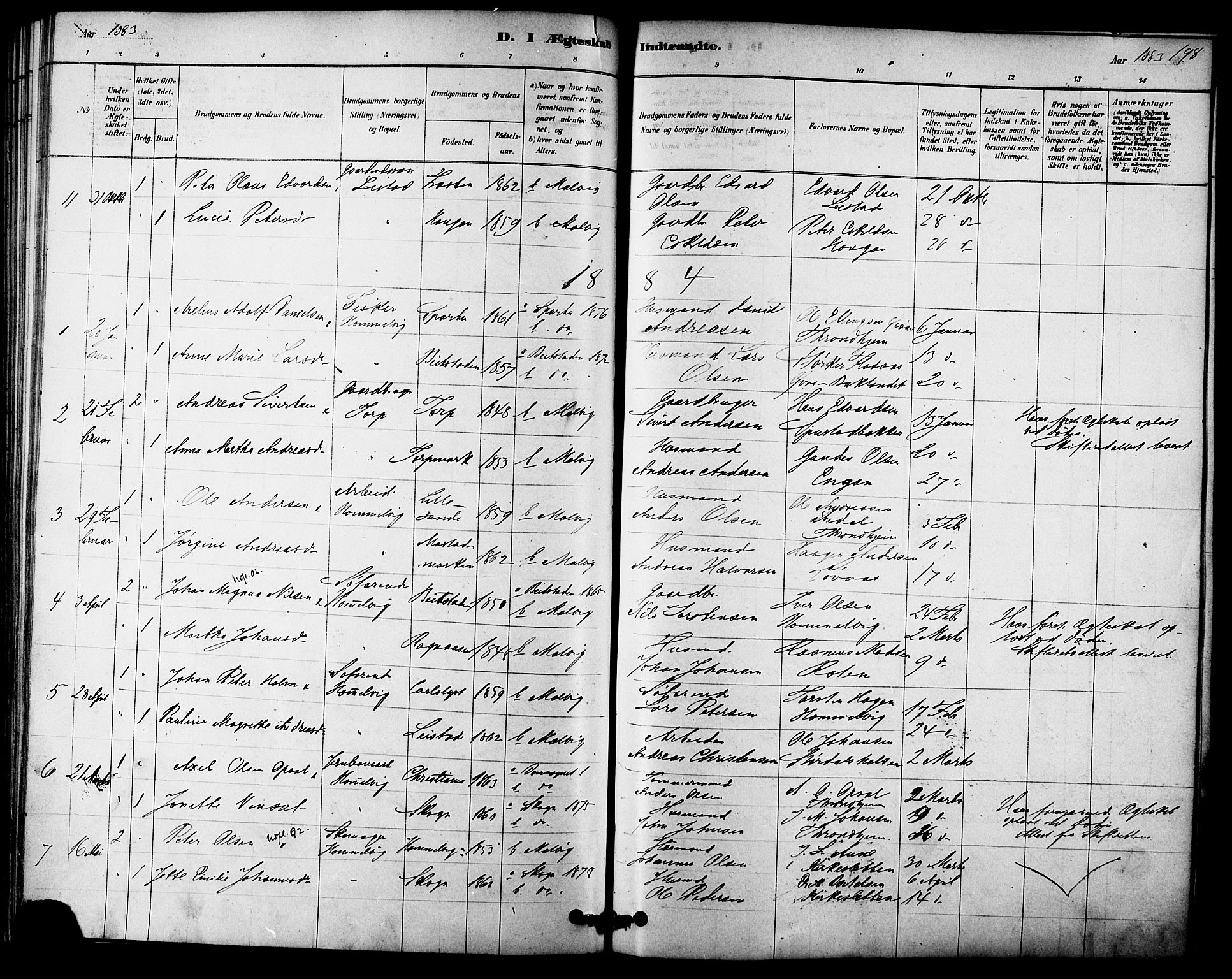 Ministerialprotokoller, klokkerbøker og fødselsregistre - Sør-Trøndelag, AV/SAT-A-1456/616/L0410: Parish register (official) no. 616A07, 1878-1893, p. 198