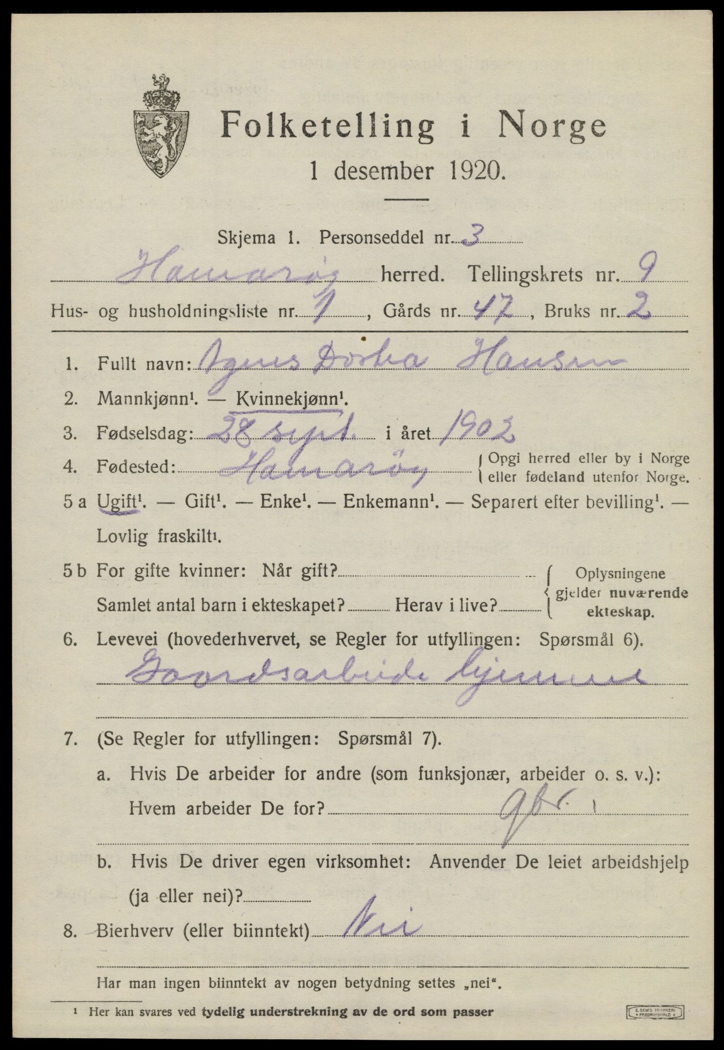 SAT, 1920 census for Hamarøy, 1920, p. 4200