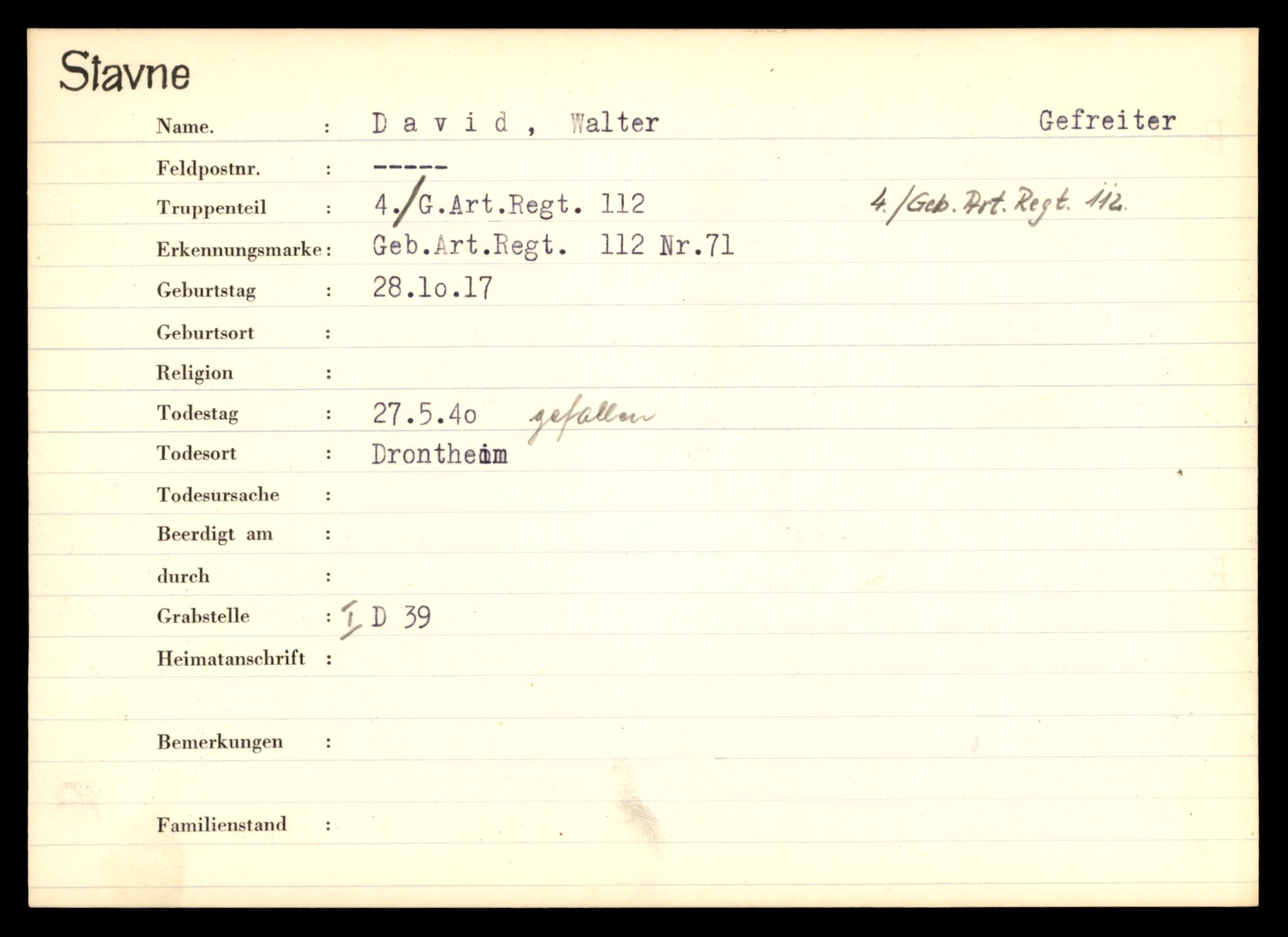 Distriktskontoret for krigsgraver, SAT/A-5030/E/L0003: Kasett/kartotek over tysk Krigskirkegård Stavne, 1945, p. 203