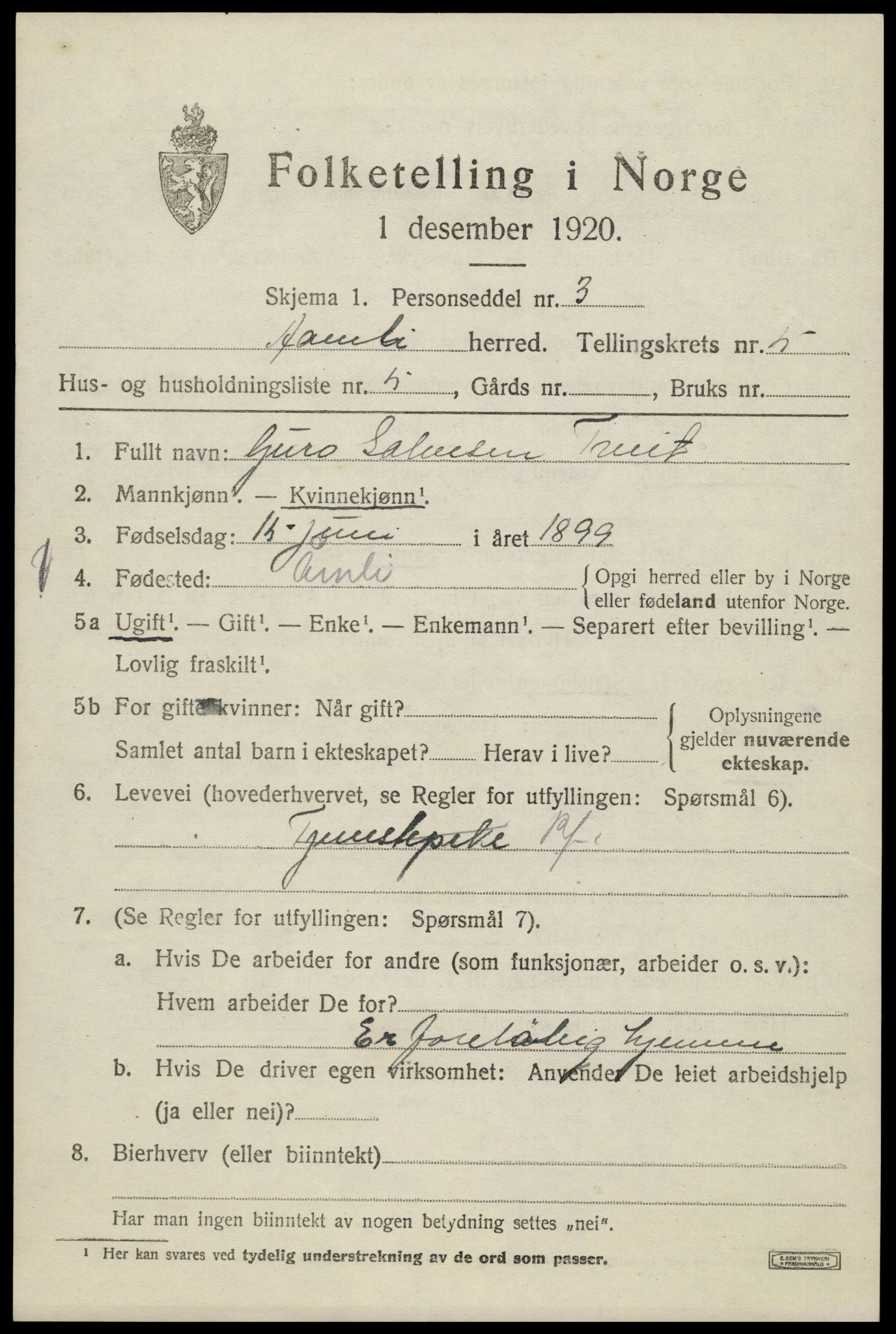 SAK, 1920 census for Åmli, 1920, p. 2329