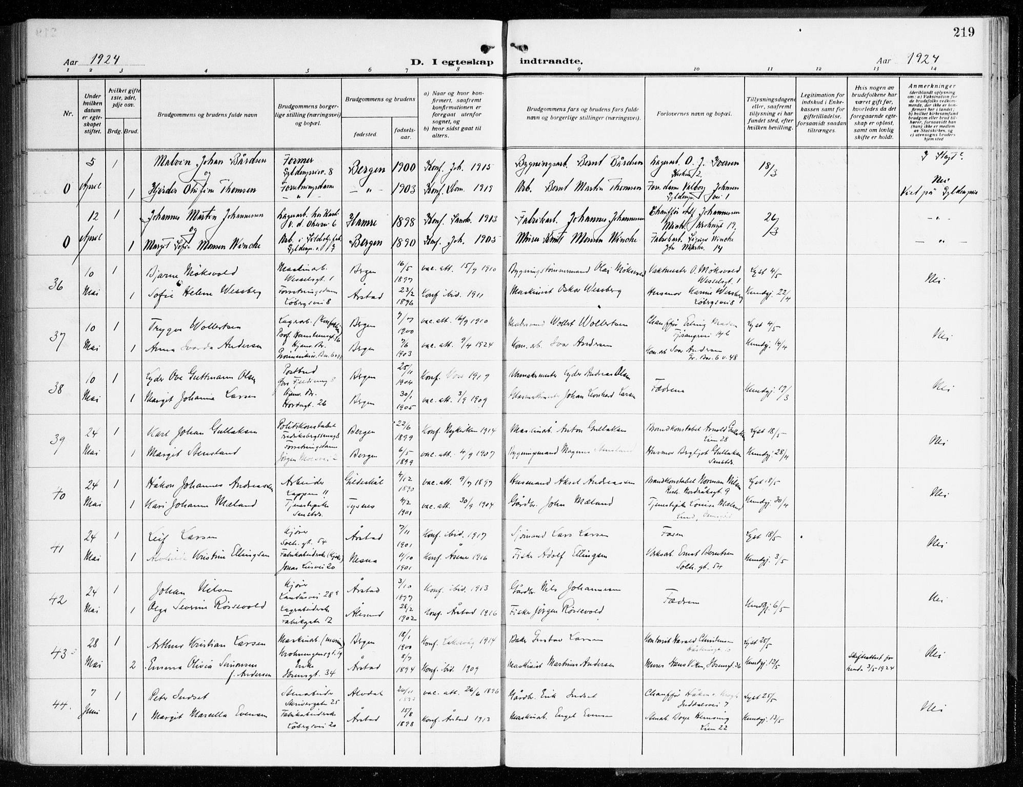 Årstad Sokneprestembete, AV/SAB-A-79301/H/Haa/L0004: Parish register (official) no. A 4, 1919-1928, p. 219