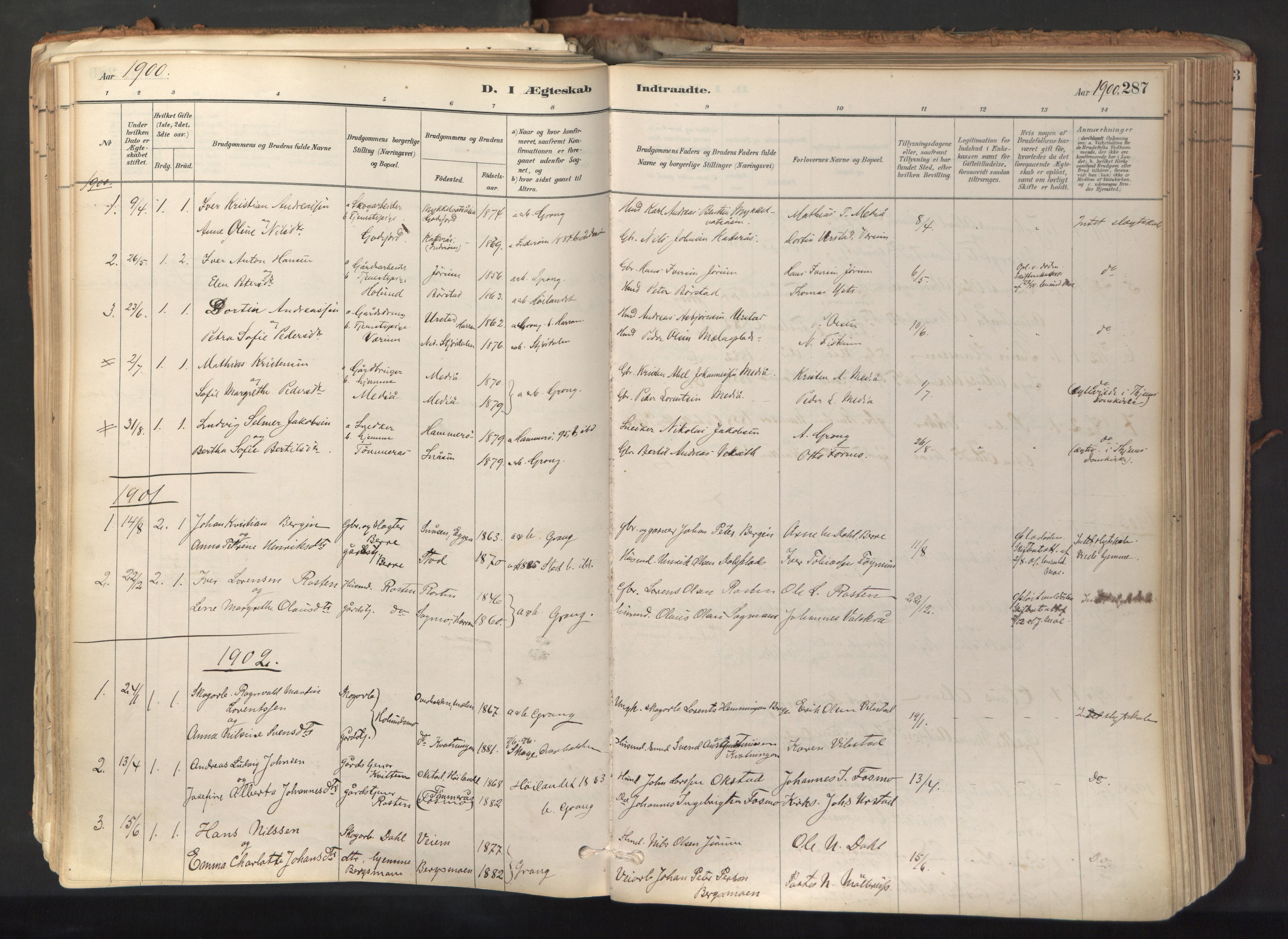 Ministerialprotokoller, klokkerbøker og fødselsregistre - Nord-Trøndelag, SAT/A-1458/758/L0519: Parish register (official) no. 758A04, 1880-1926, p. 287