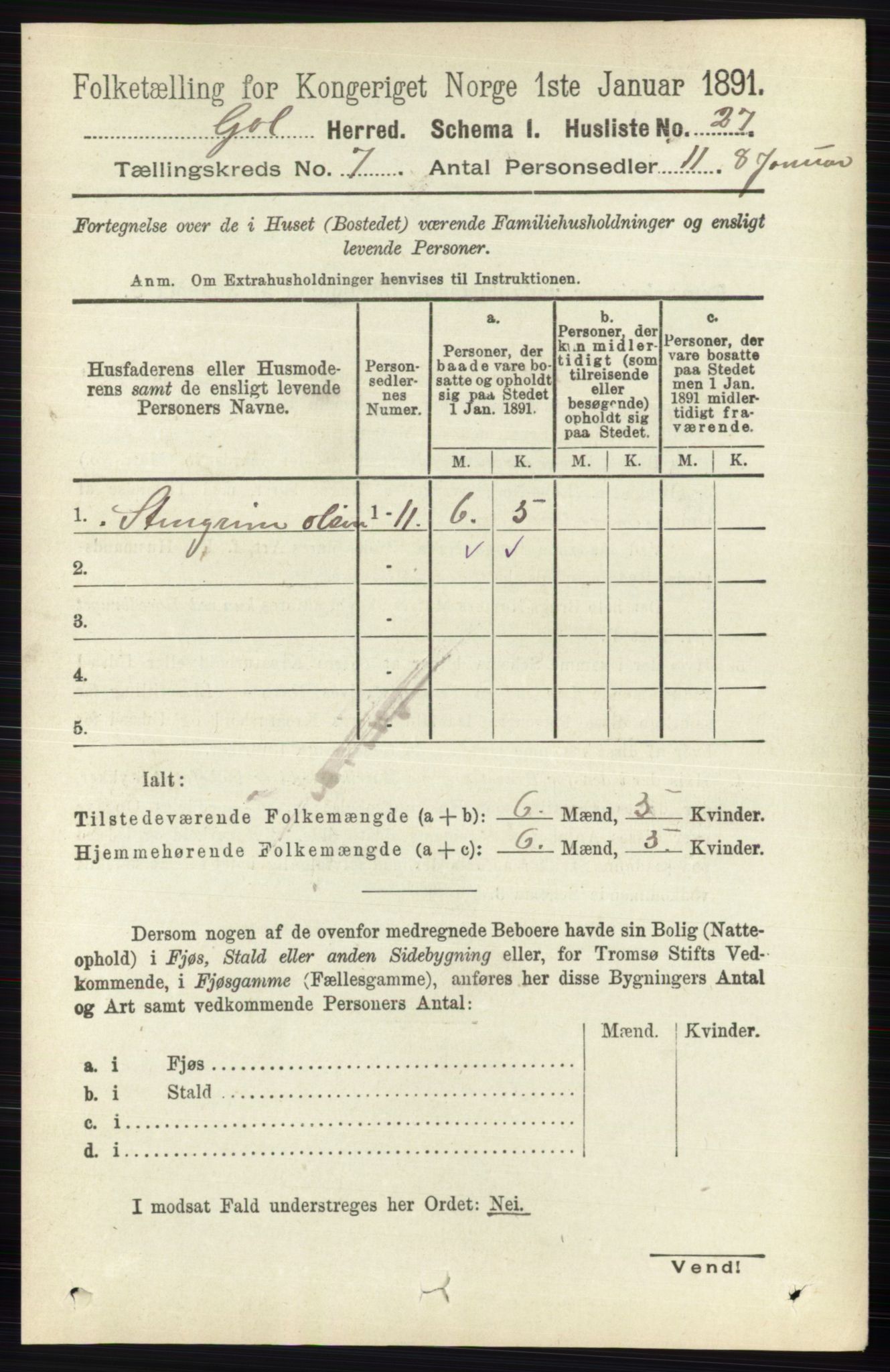 RA, 1891 census for 0617 Gol og Hemsedal, 1891, p. 2798