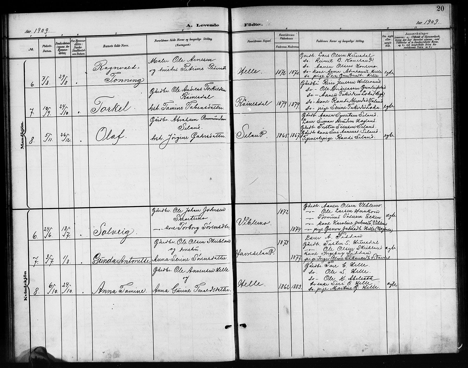 Nord-Audnedal sokneprestkontor, AV/SAK-1111-0032/F/Fb/Fba/L0004: Parish register (copy) no. B 4, 1901-1917, p. 20