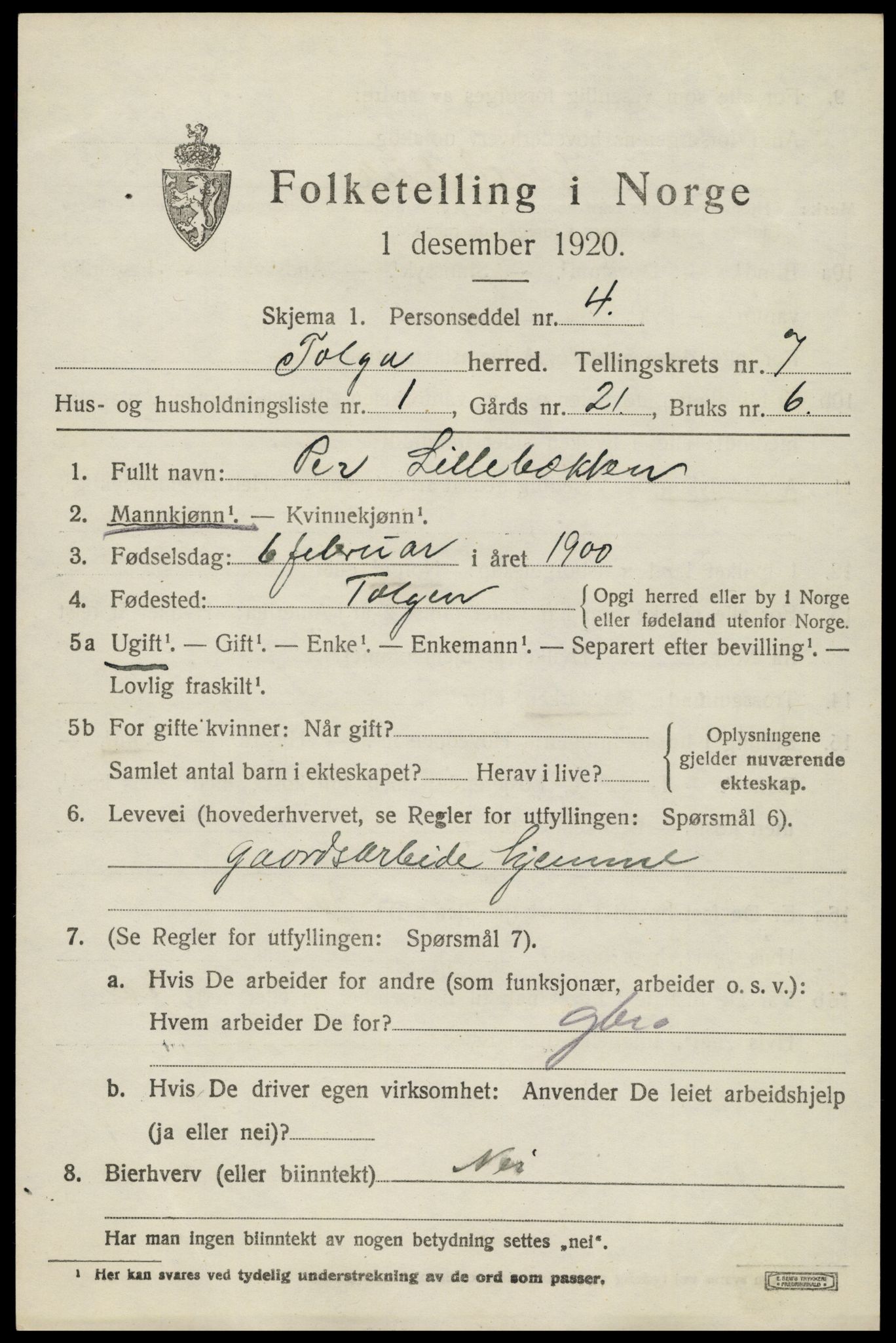 SAH, 1920 census for Tolga, 1920, p. 3921