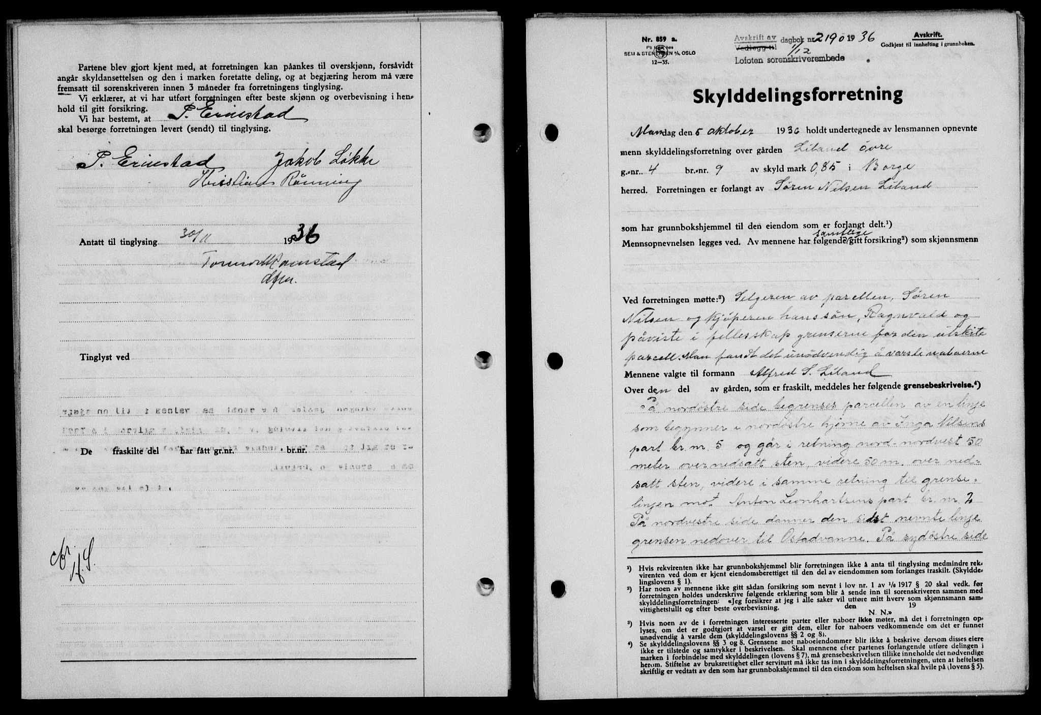 Lofoten sorenskriveri, SAT/A-0017/1/2/2C/L0001a: Mortgage book no. 1a, 1936-1937, Diary no: : 2190/1936