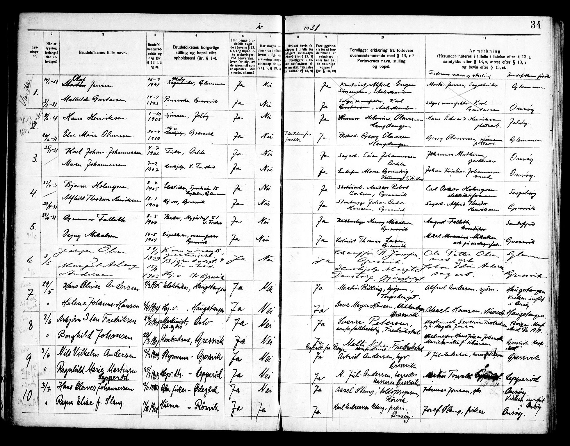 Onsøy prestekontor Kirkebøker, SAO/A-10914/H/Hb/L0001: Banns register no. II 1, 1919-1949, p. 34