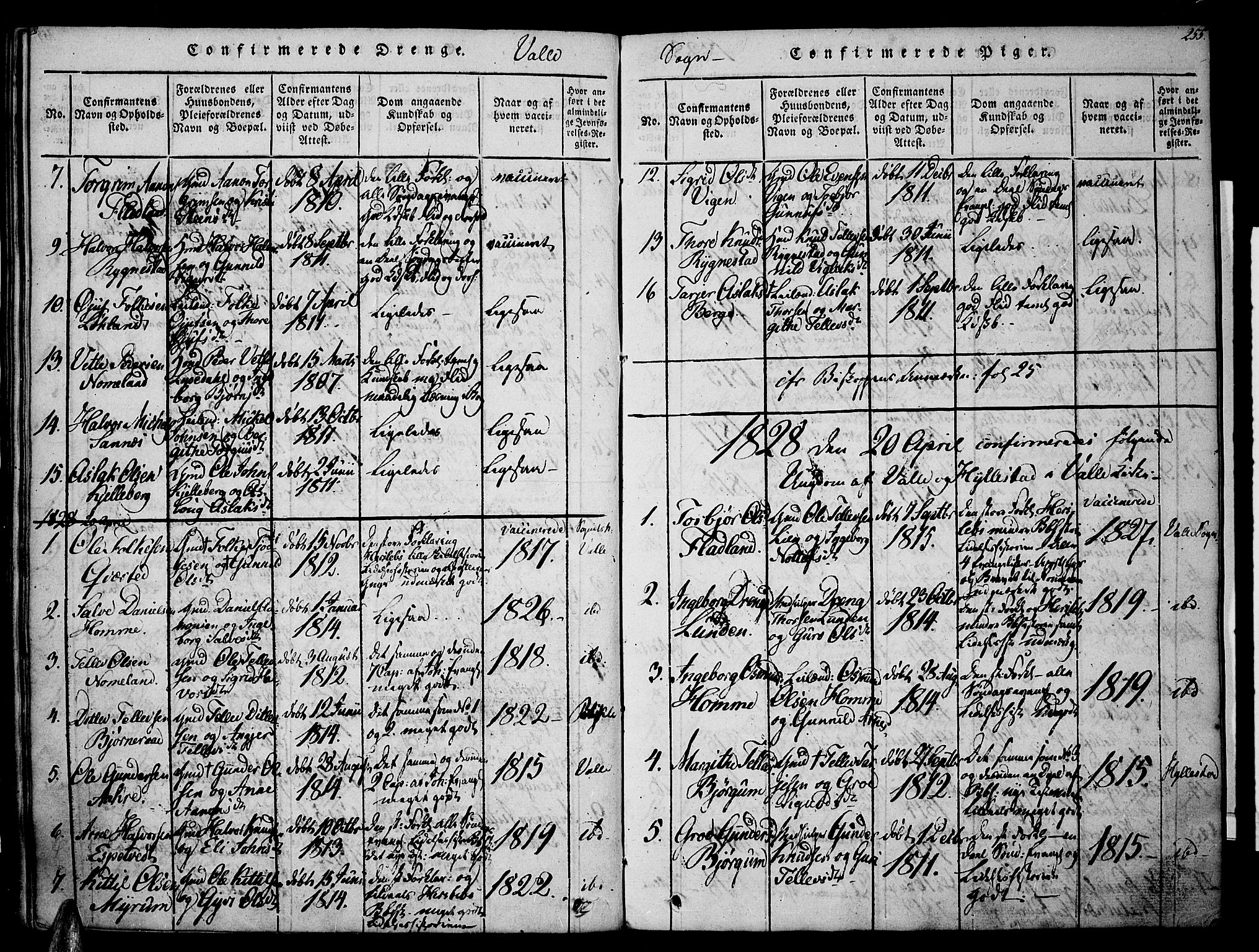 Valle sokneprestkontor, SAK/1111-0044/F/Fa/Fac/L0005: Parish register (official) no. A 5 /1, 1816-1831, p. 255