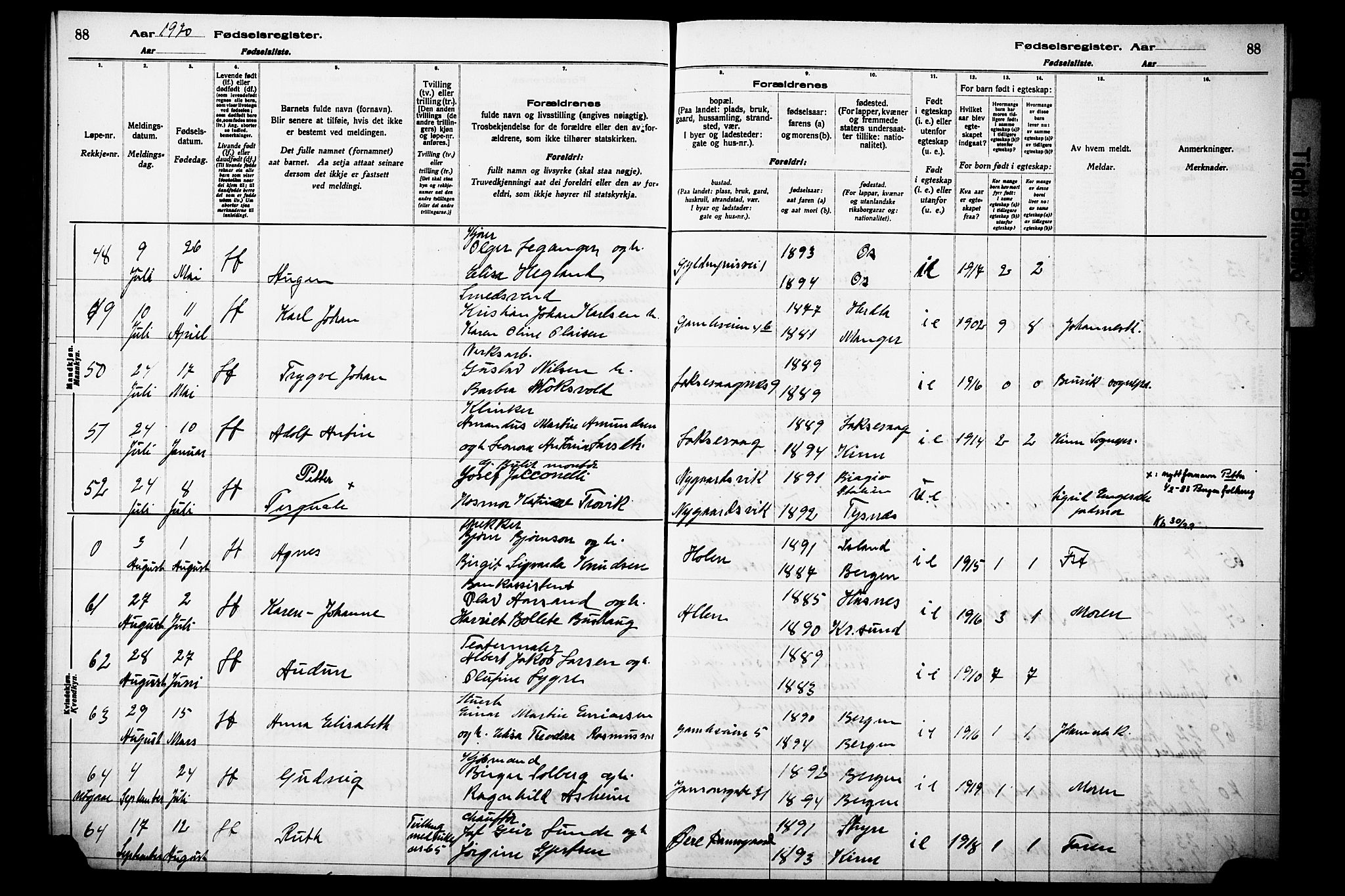 Laksevåg Sokneprestembete, AV/SAB-A-76501/I/Id/L00A1: Birth register no. A 1, 1916-1926, p. 88