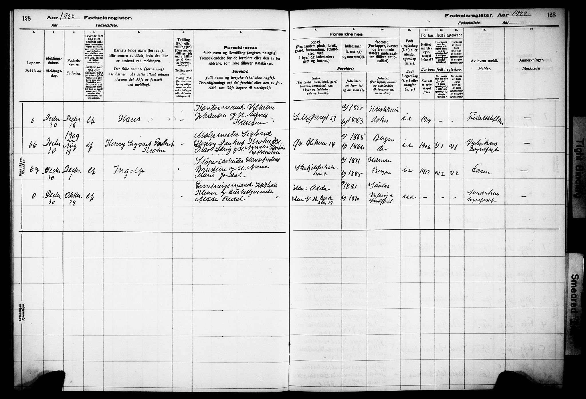 Korskirken sokneprestembete, SAB/A-76101/I/Id/L00A1: Birth register no. A 1, 1916-1929, p. 128