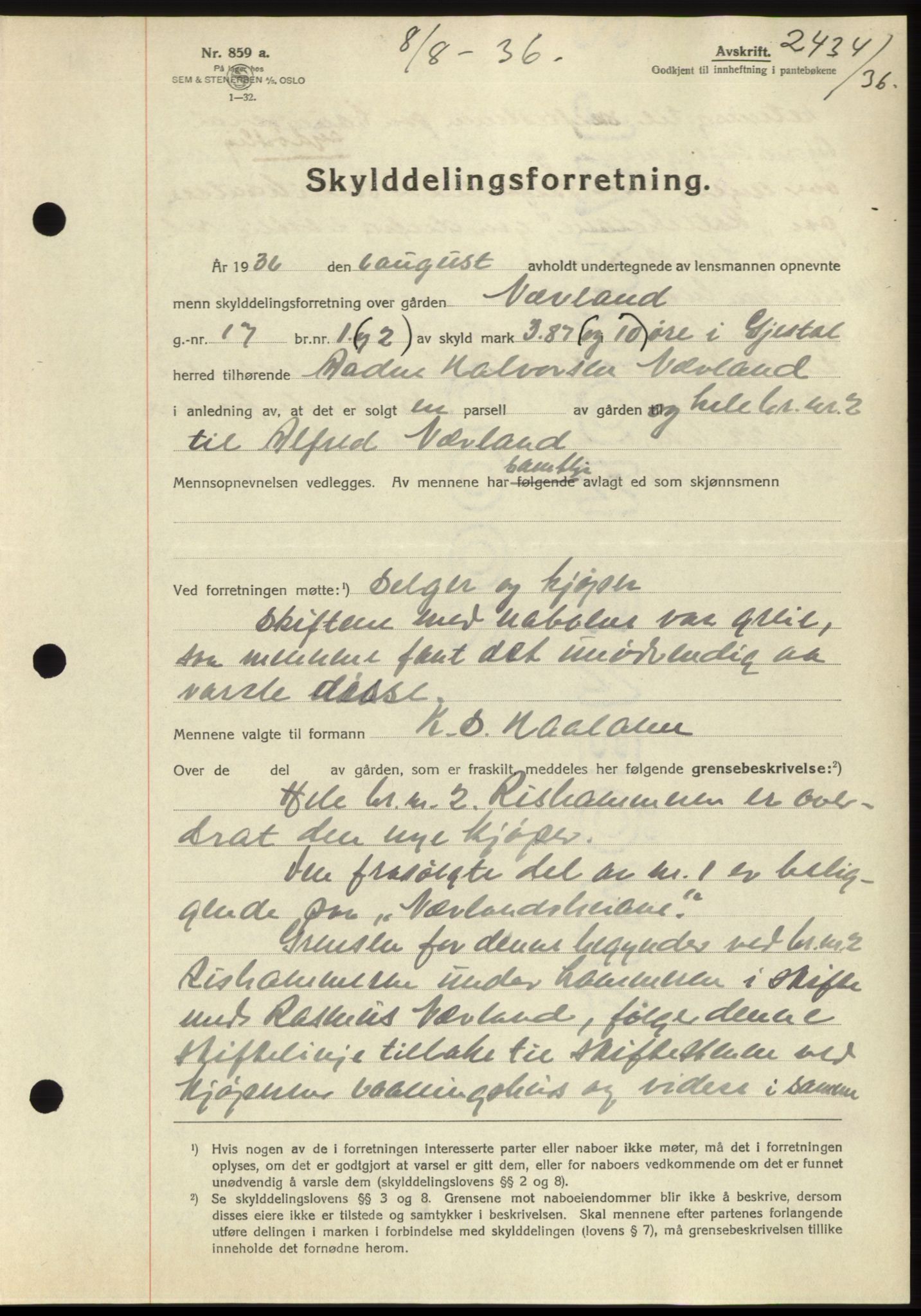 Jæren sorenskriveri, AV/SAST-A-100310/03/G/Gba/L0066: Mortgage book no. 71-72, 1936-1936, Diary no: : 2434/1936