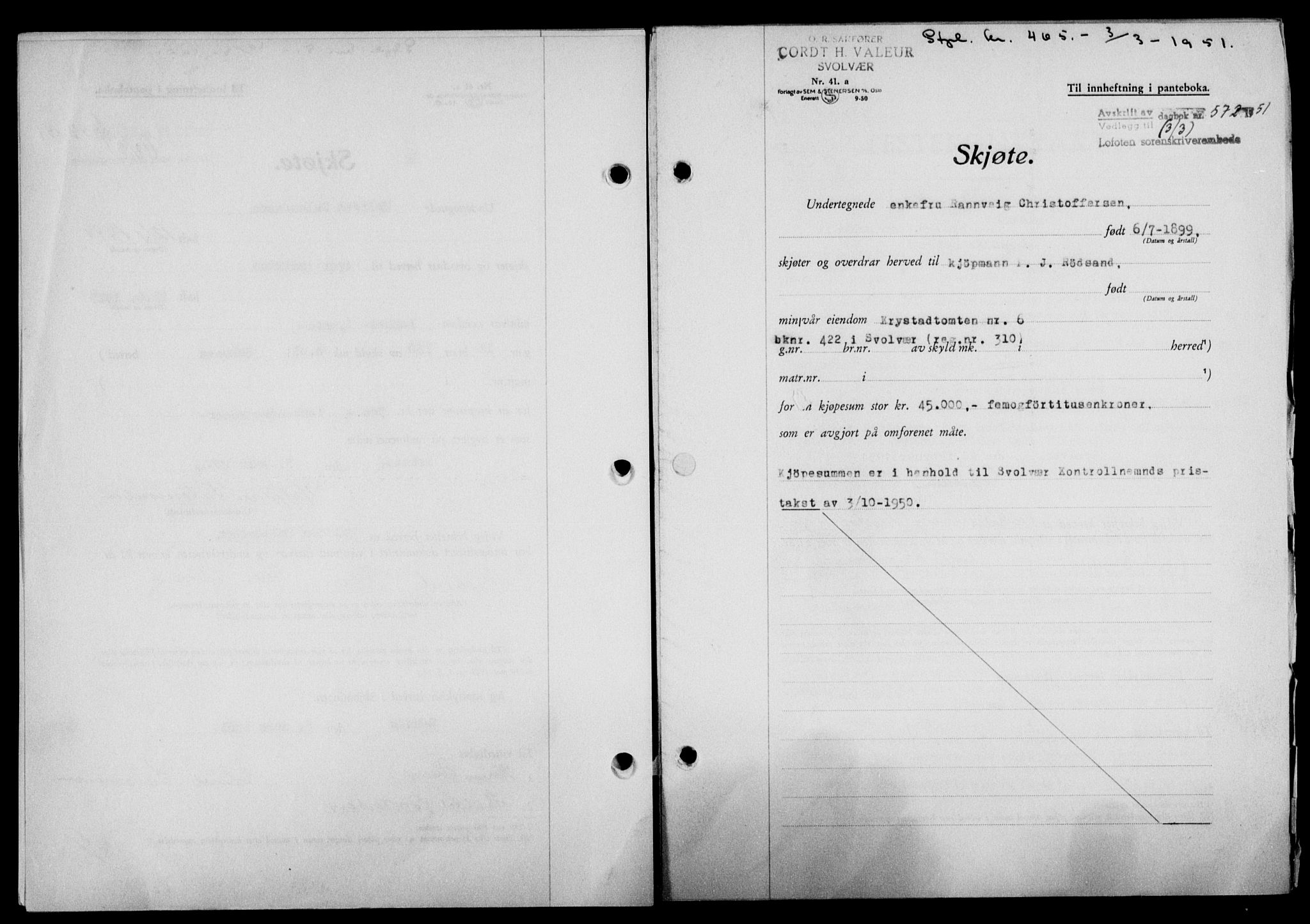 Lofoten sorenskriveri, SAT/A-0017/1/2/2C/L0025a: Mortgage book no. 25a, 1950-1951, Diary no: : 572/1951
