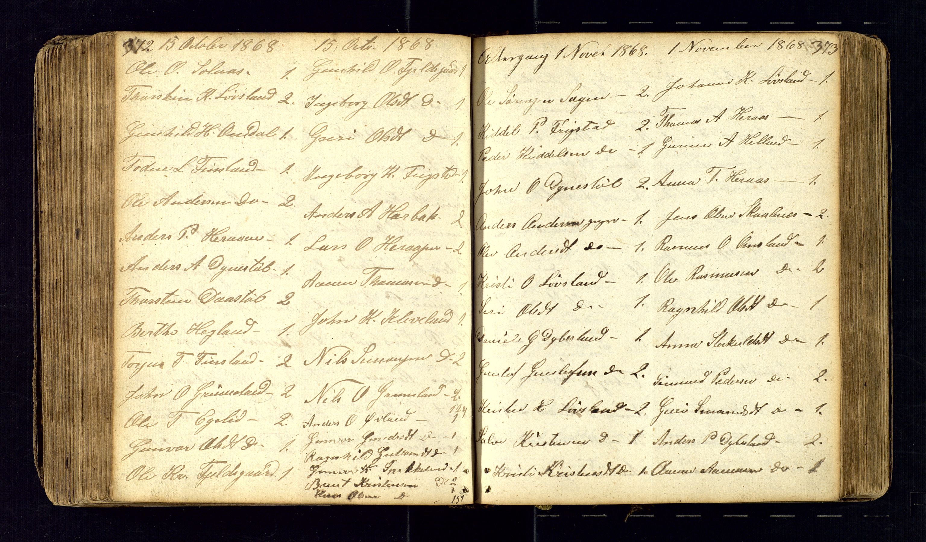 Bjelland sokneprestkontor, AV/SAK-1111-0005/F/Fc/Fcb/L0001: Communicants register no. C-1, 1827-1906, p. 372-373