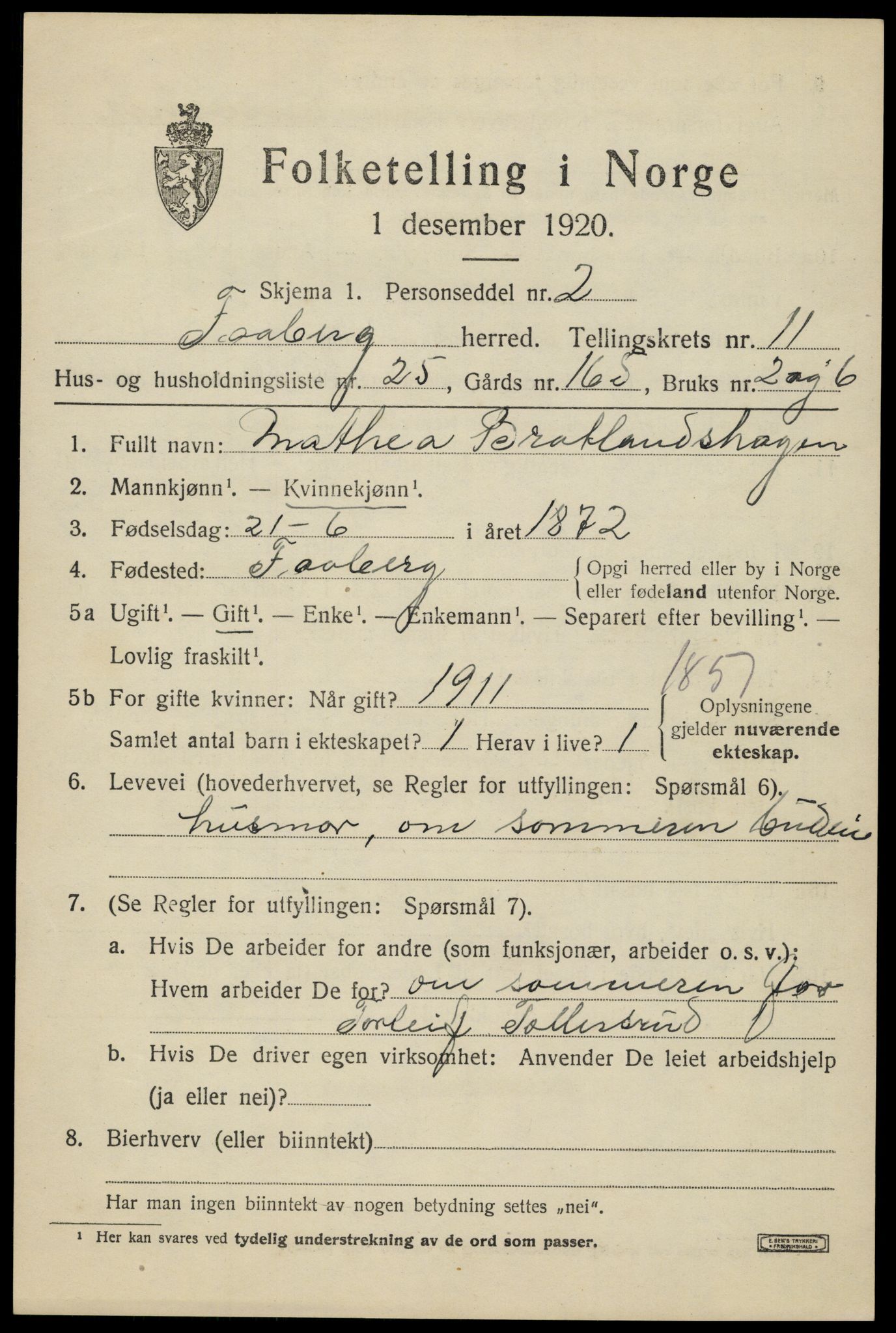 SAH, 1920 census for Fåberg, 1920, p. 12124