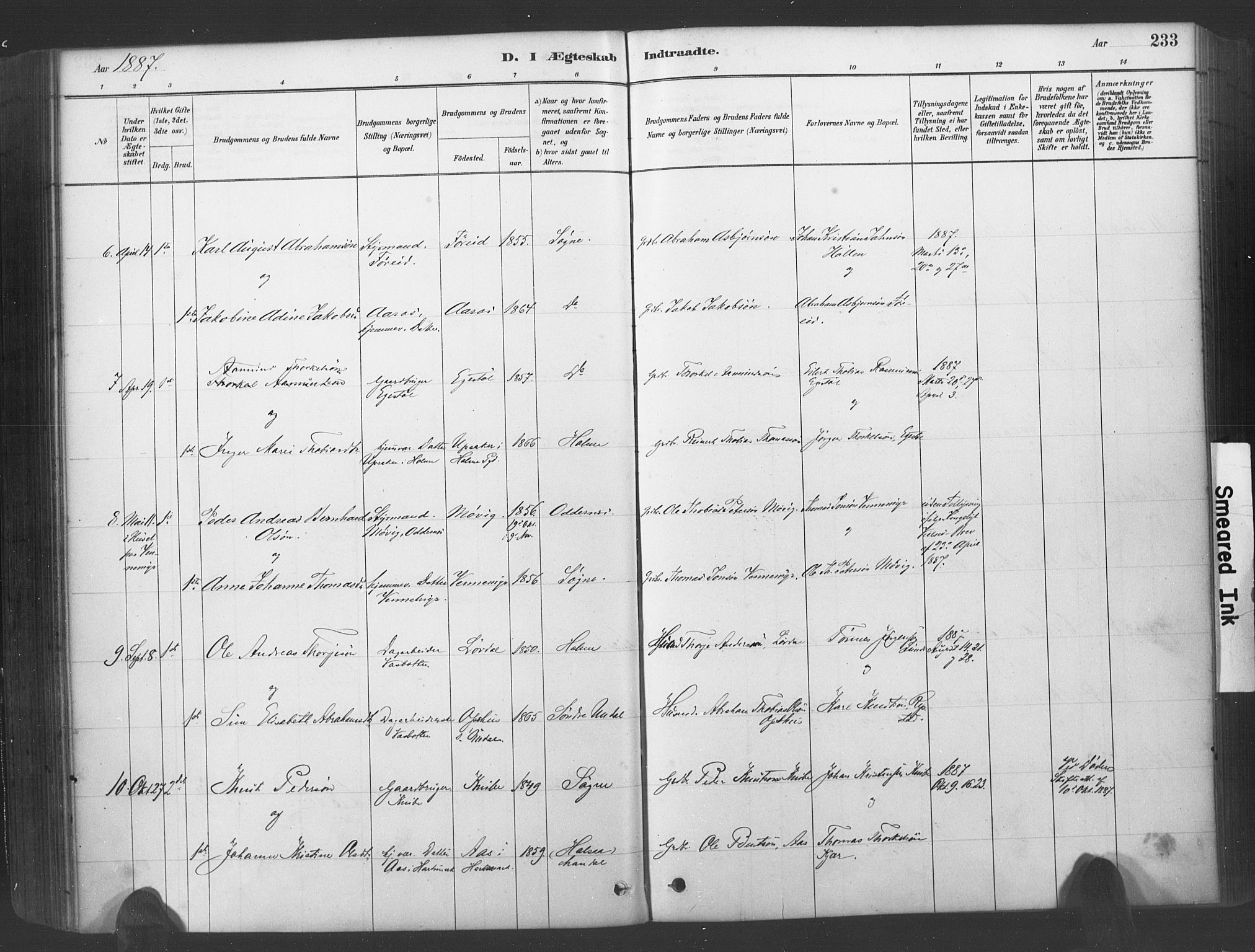 Søgne sokneprestkontor, SAK/1111-0037/F/Fa/Fab/L0012: Parish register (official) no. A 12, 1880-1891, p. 233