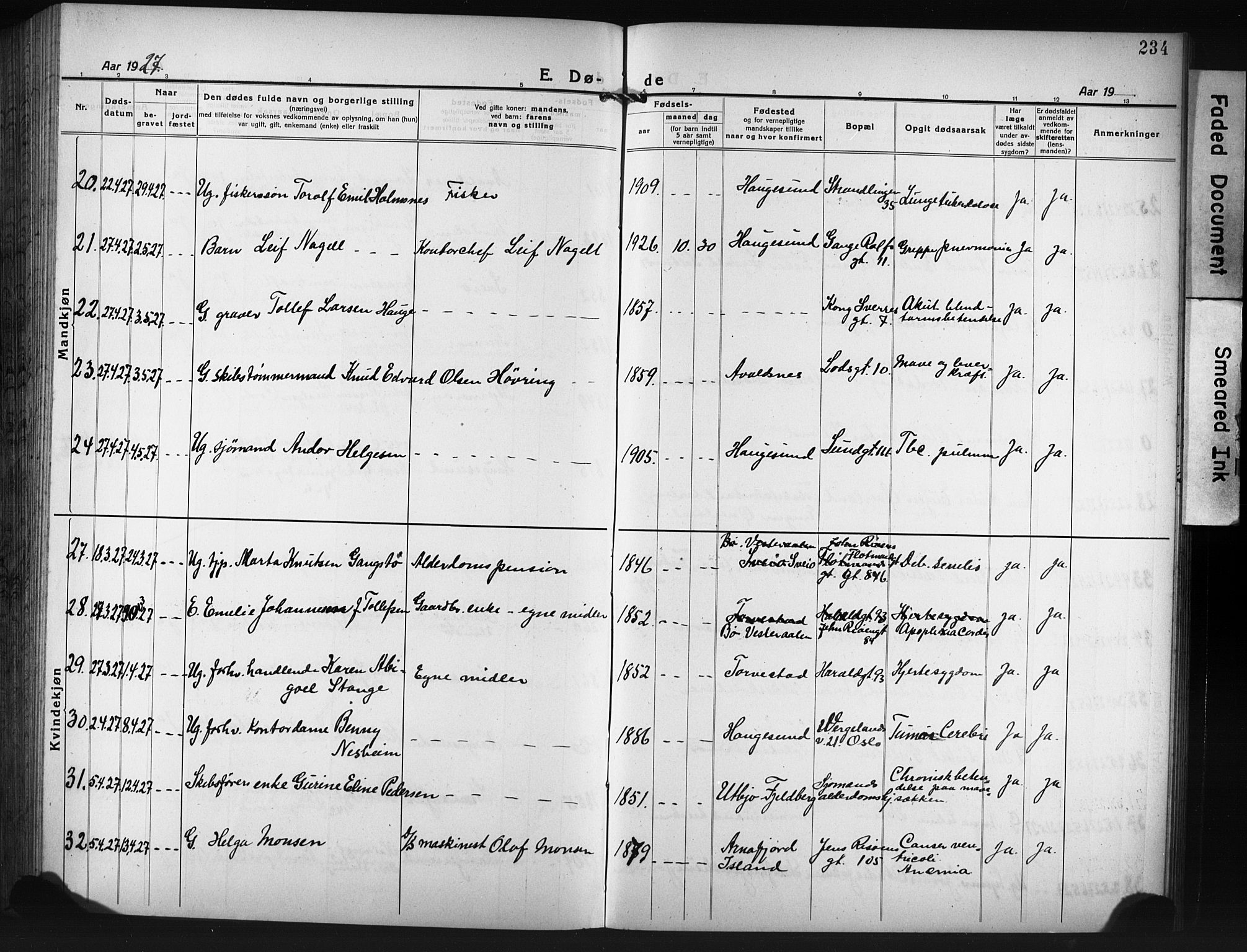 Haugesund sokneprestkontor, AV/SAST-A -101863/H/Ha/Hab/L0010: Parish register (copy) no. B 10, 1920-1931, p. 234