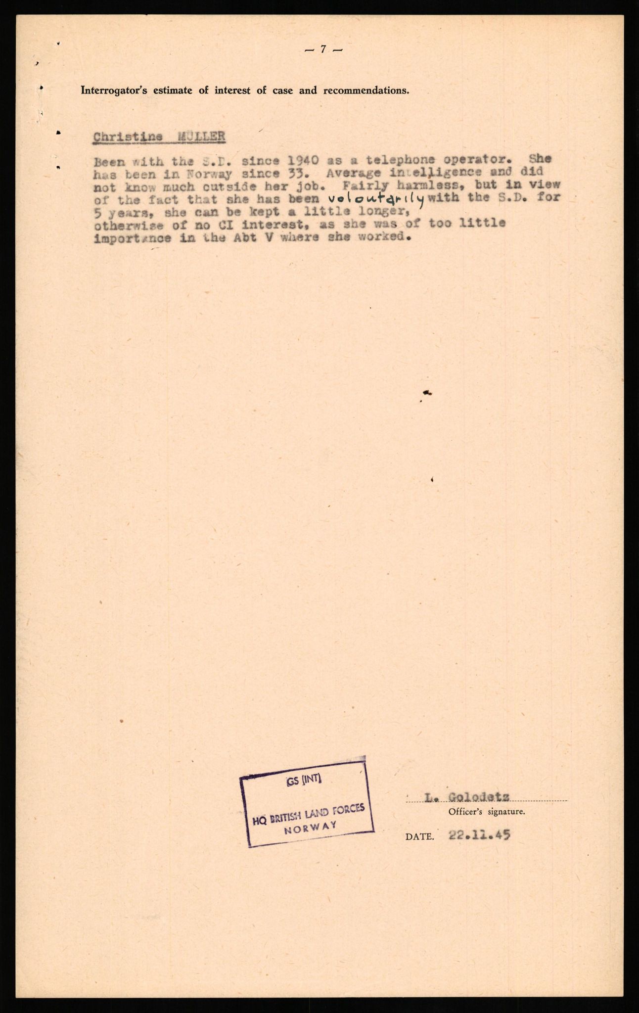 Forsvaret, Forsvarets overkommando II, RA/RAFA-3915/D/Db/L0023: CI Questionaires. Tyske okkupasjonsstyrker i Norge. Tyskere., 1945-1946, p. 225