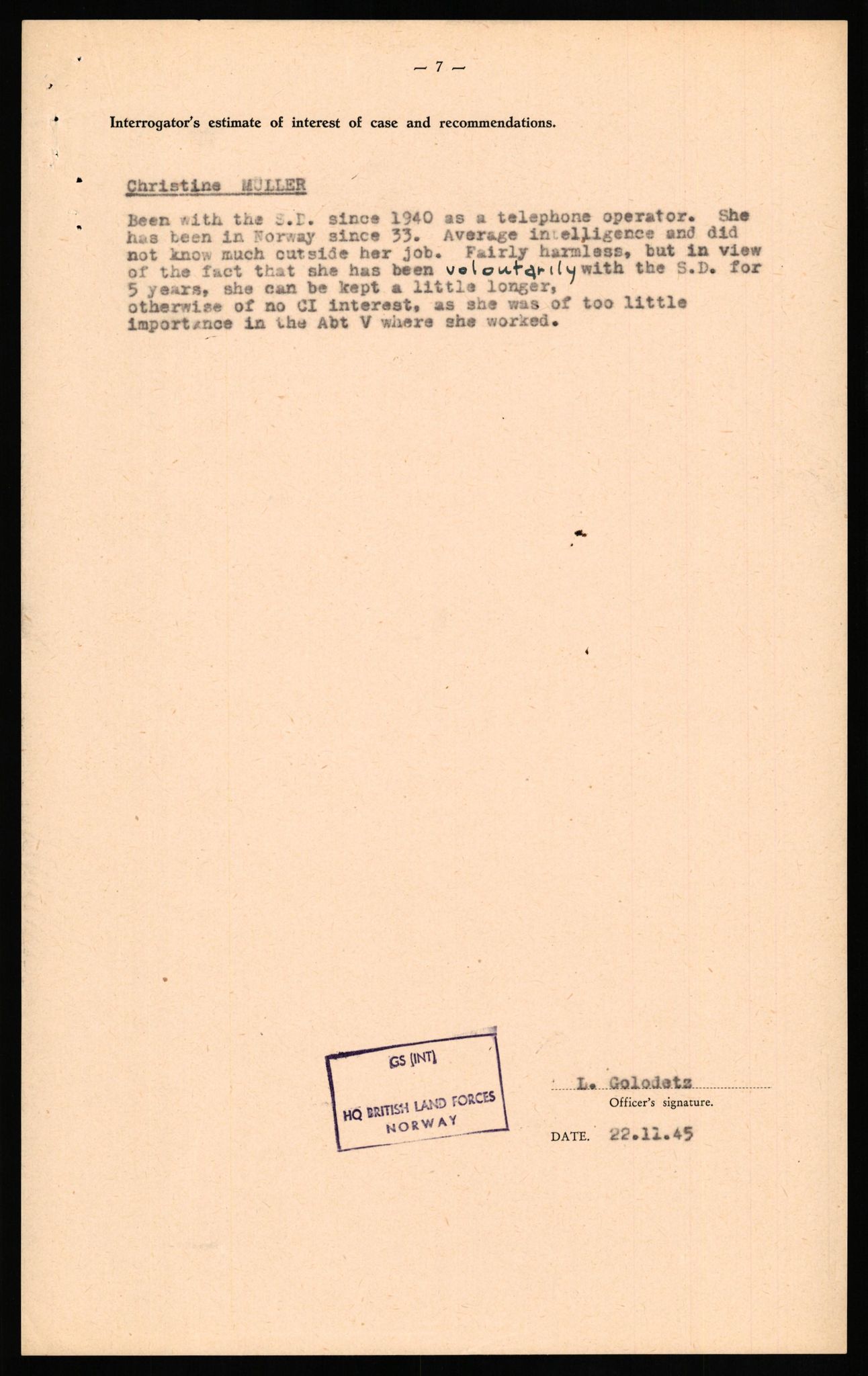 Forsvaret, Forsvarets overkommando II, AV/RA-RAFA-3915/D/Db/L0023: CI Questionaires. Tyske okkupasjonsstyrker i Norge. Tyskere., 1945-1946, p. 225