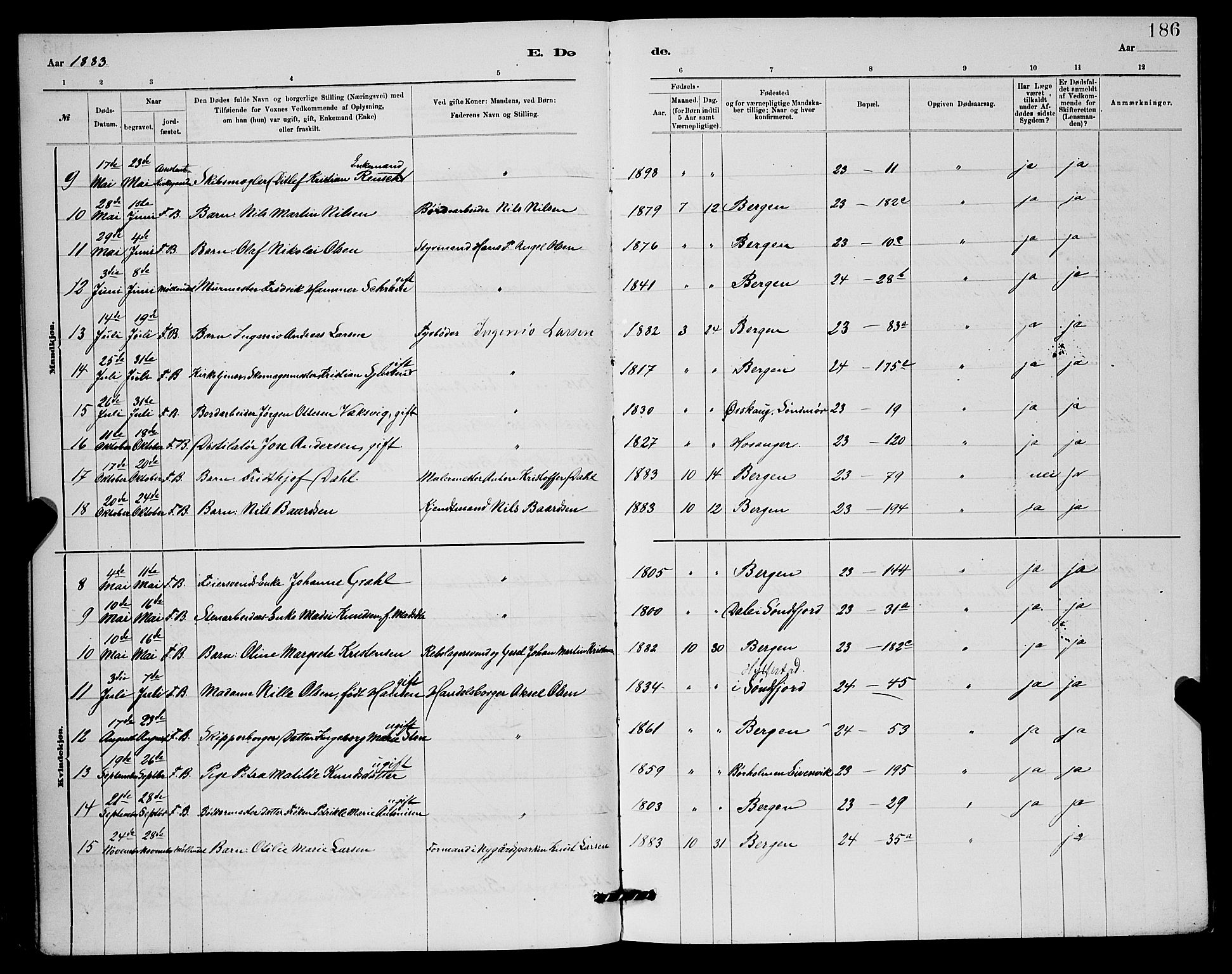 Mariakirken Sokneprestembete, AV/SAB-A-76901/H/Hab/L0004: Parish register (copy) no. A 4, 1878-1892, p. 186